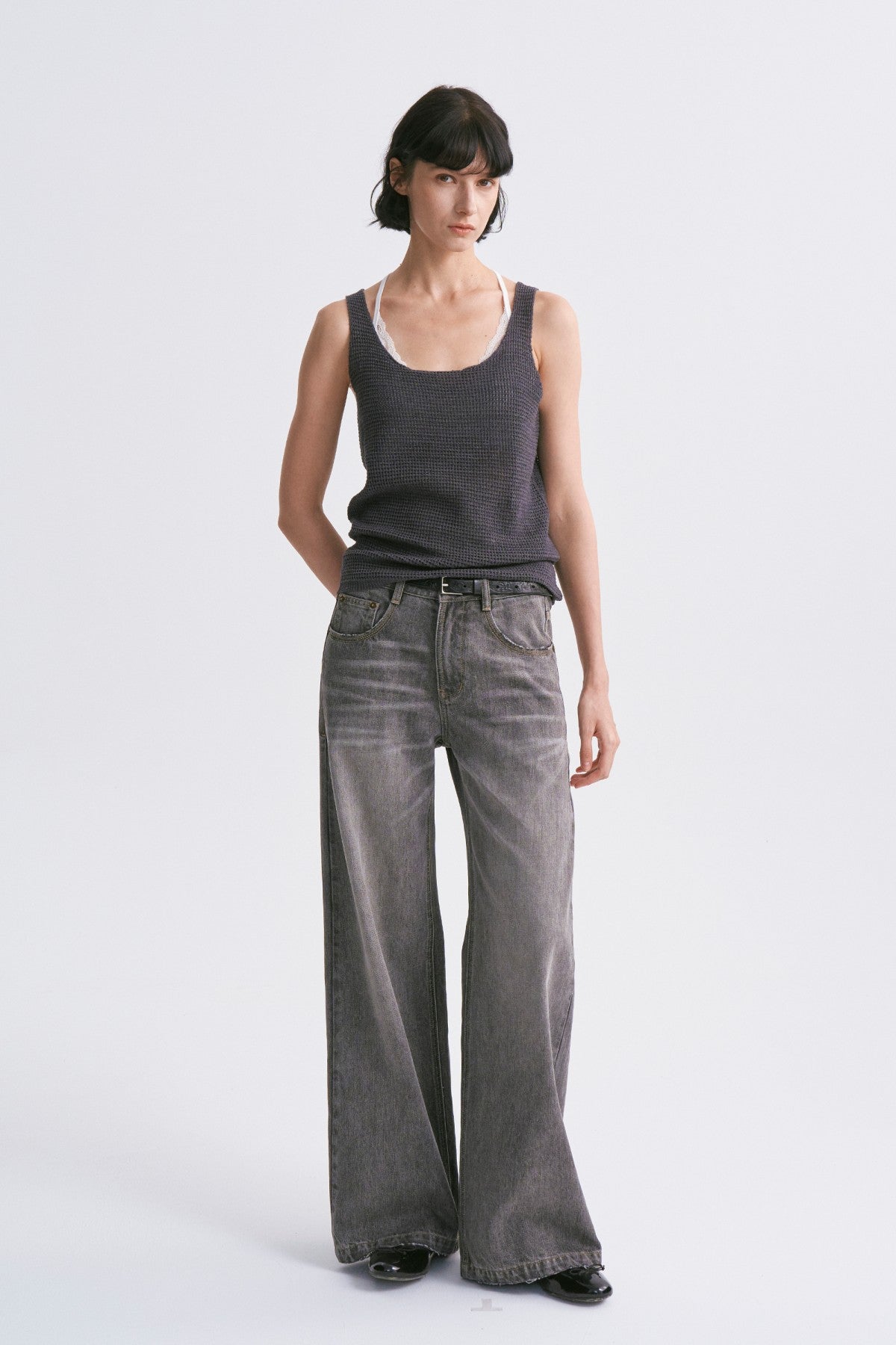 Mixed-yarn Chunky Texture Knit Vest Greyish Blue