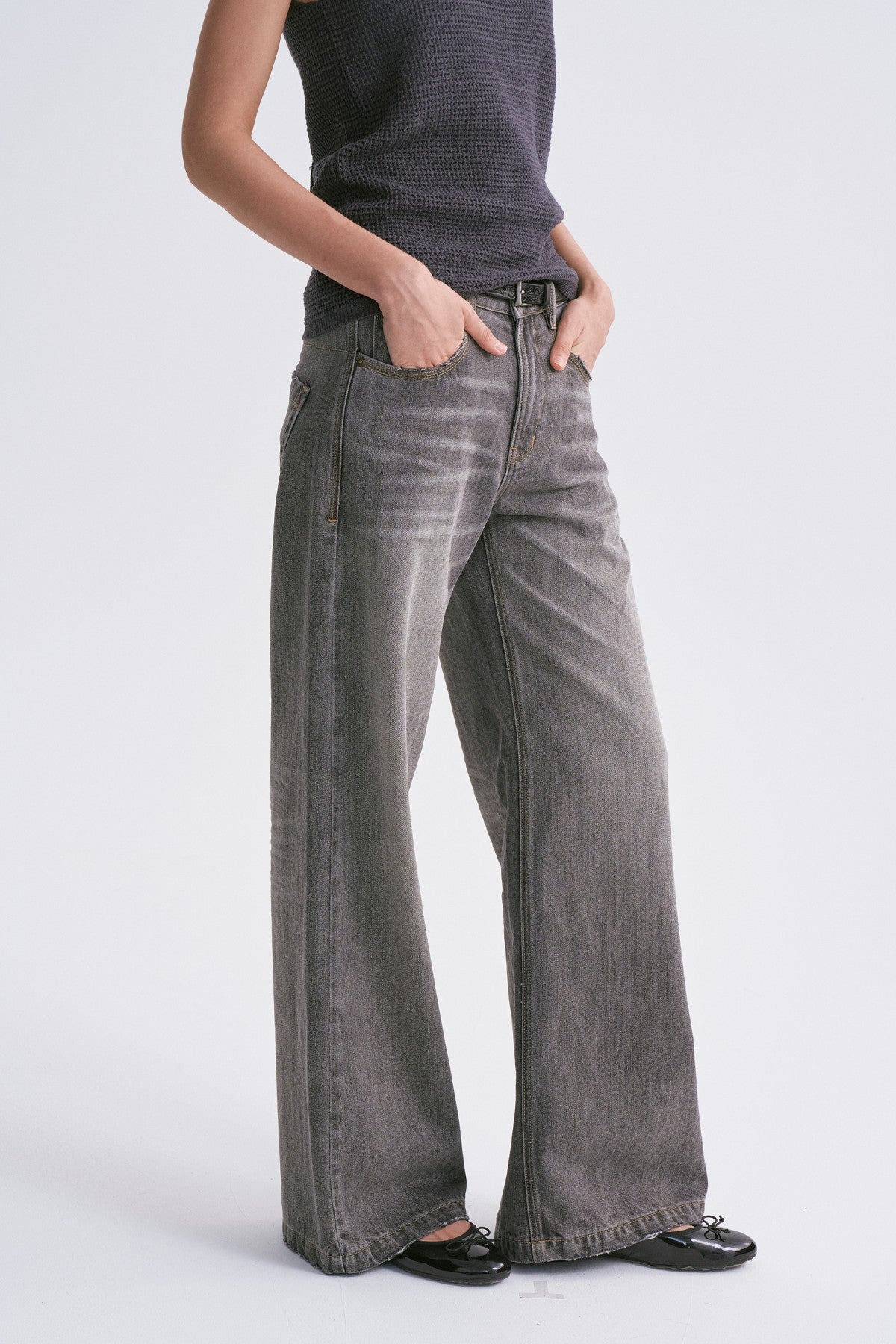 Mid-Low Rise Classic Vintage Hand-Distressed Grey Straight Leg Jeans Grey