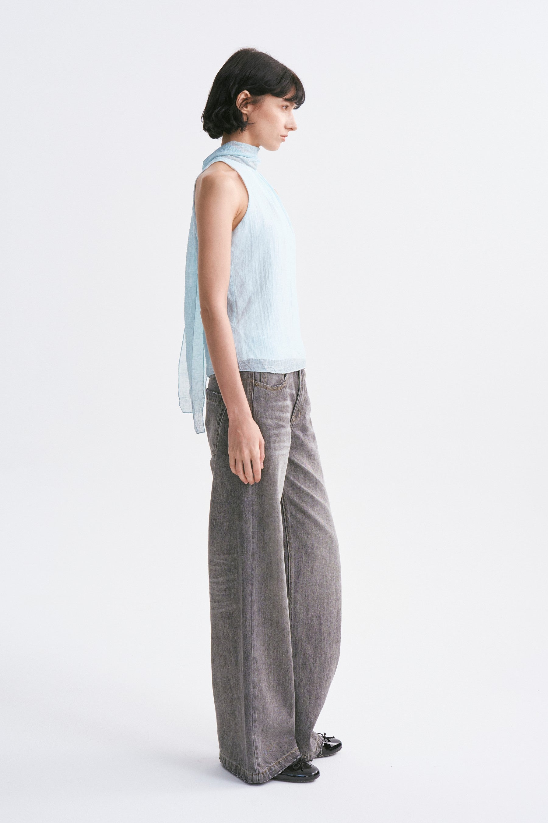 Stand Collar Wrap Tie Sleeveless Top Aqua Blue