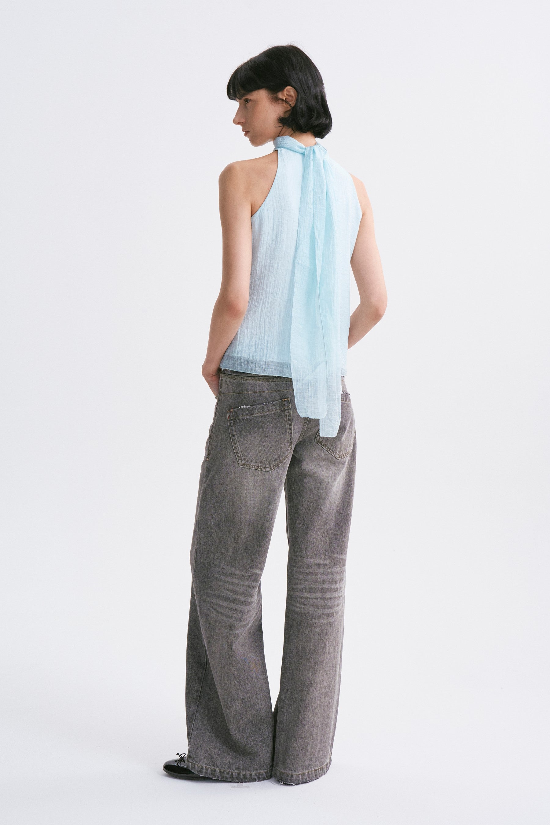 Stand Collar Wrap Tie Sleeveless Top Aqua Blue
