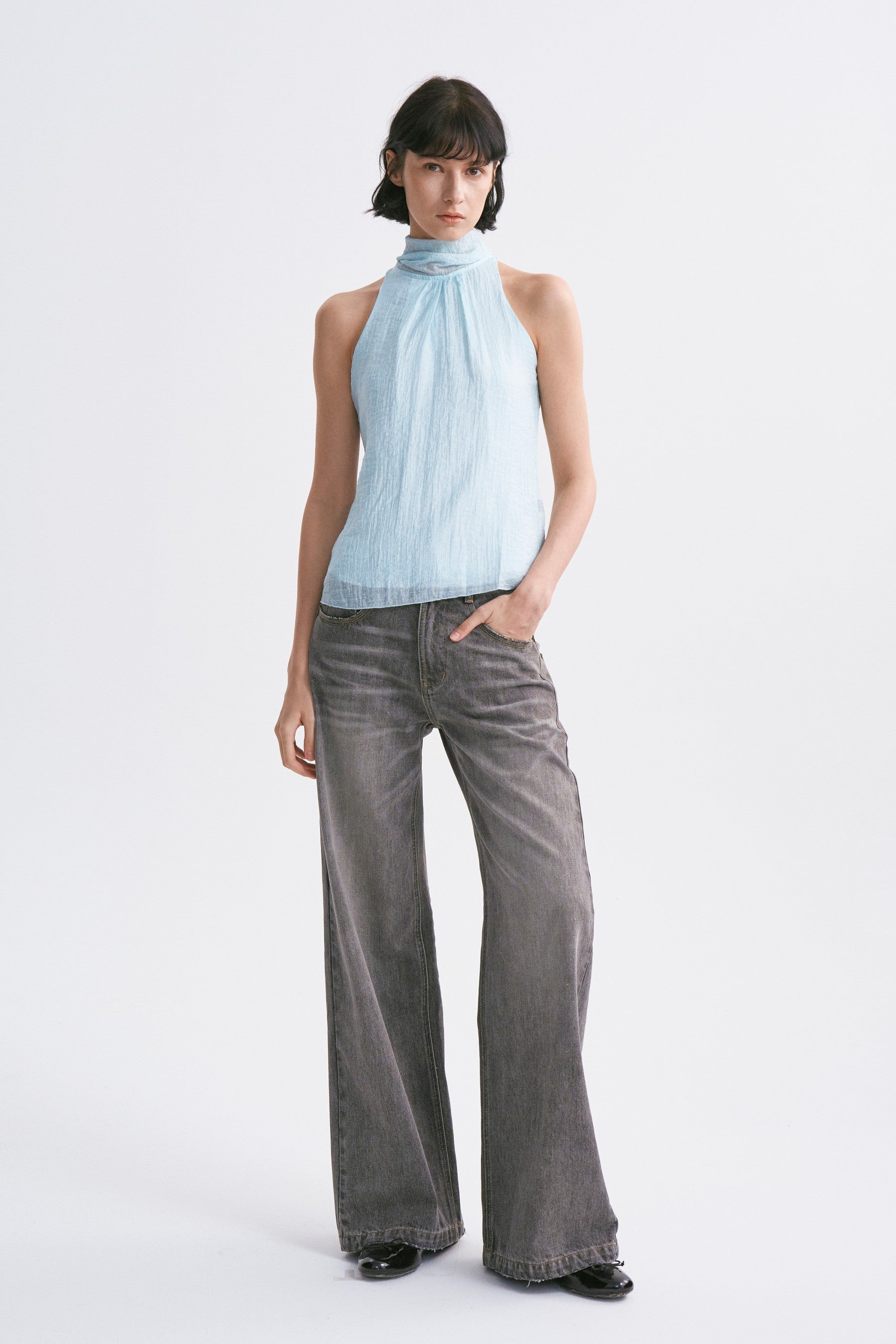 Mid-Low Rise Classic Vintage Hand-Distressed Grey Straight Leg Jeans Grey