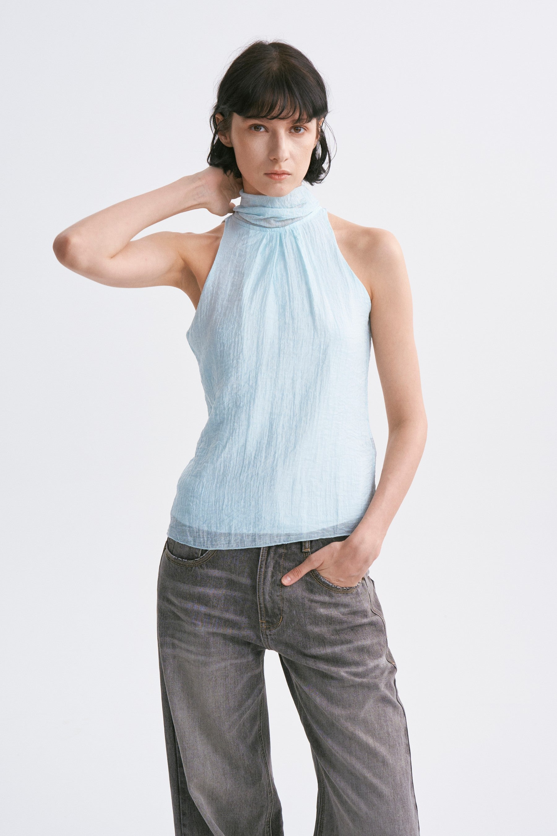 Stand Collar Wrap Tie Sleeveless Top Aqua Blue