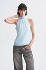 Stand Collar Wrap Tie Sleeveless Top Aqua Blue