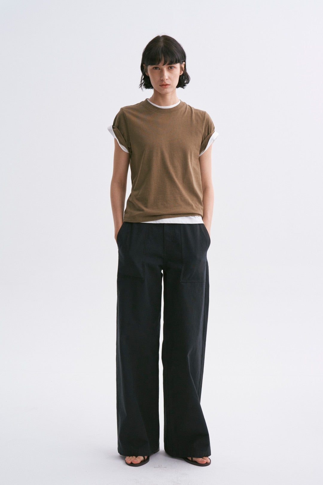Linen-Cotton Rolled Sleeve T-Shirt, Slightly Loose Fit Army Green