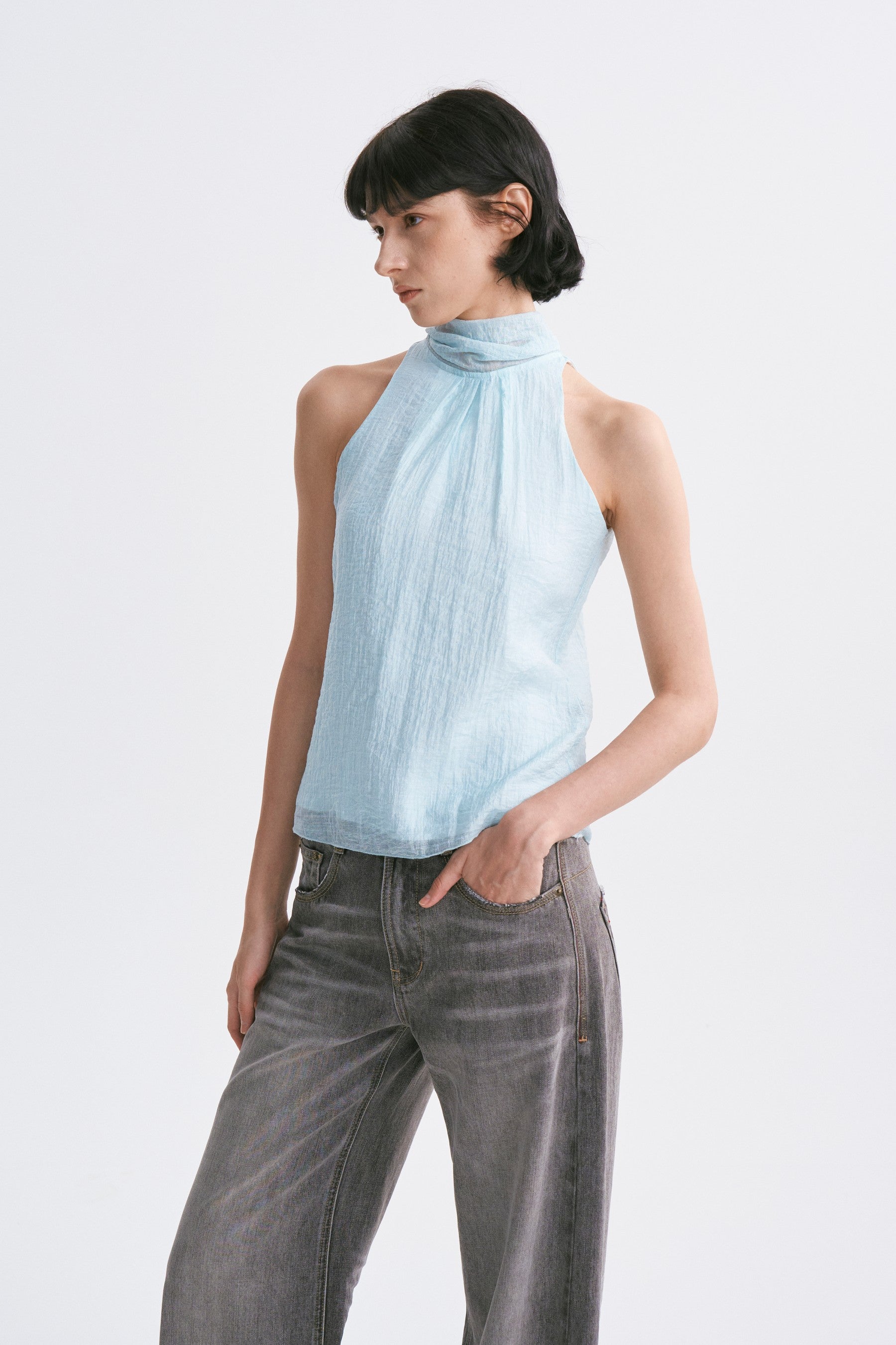 Stand Collar Wrap Tie Sleeveless Top Aqua Blue