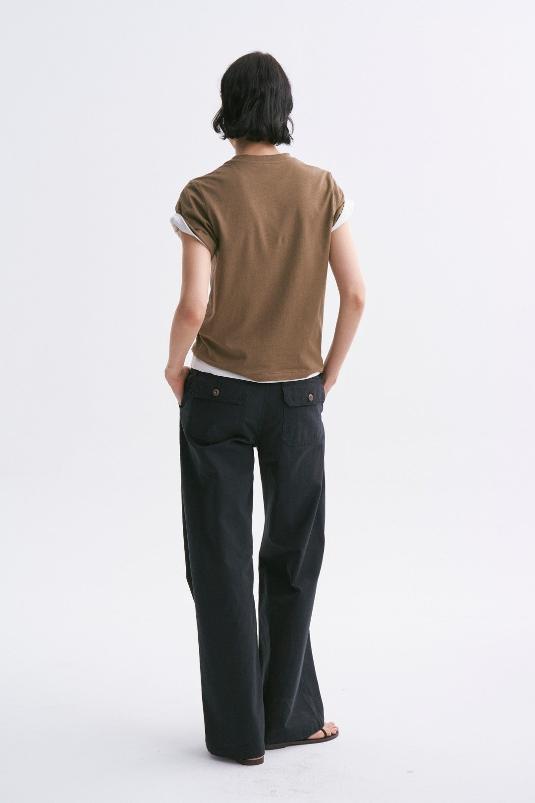 Linen-Cotton Rolled Sleeve T-Shirt, Slightly Loose Fit Army Green