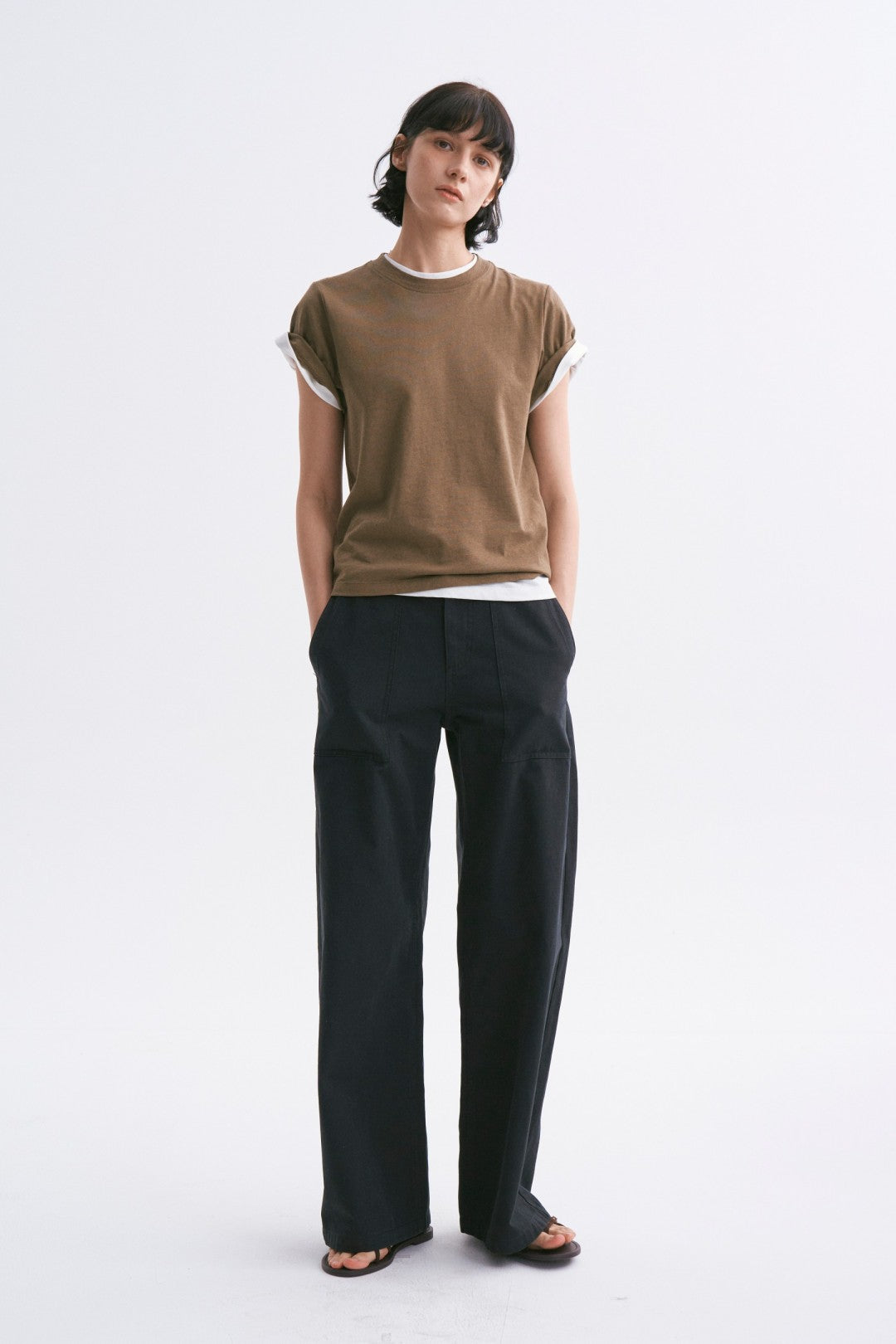 Linen-Cotton Rolled Sleeve T-Shirt, Slightly Loose Fit Army Green