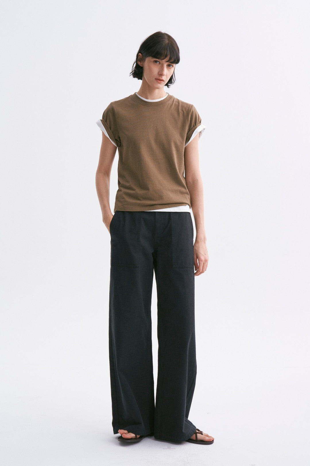 Linen-Cotton Rolled Sleeve T-Shirt, Slightly Loose Fit Army Green