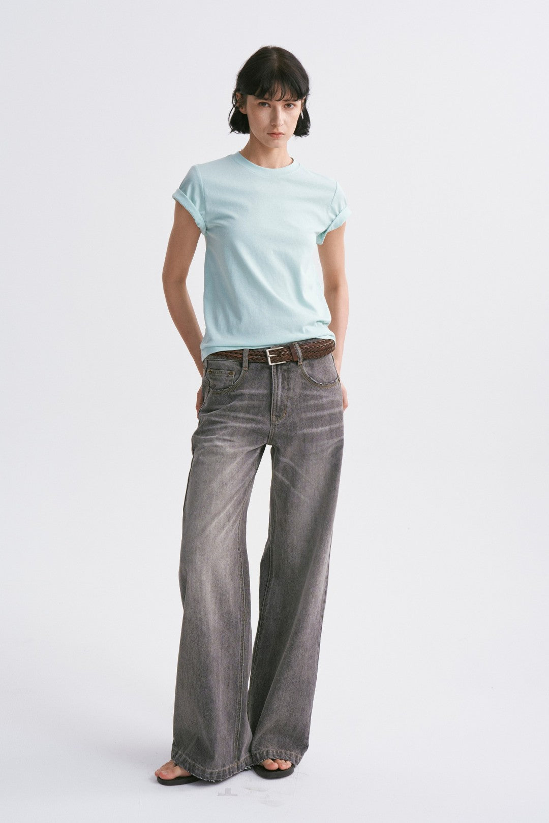 Linen-Cotton Rolled Sleeve T-Shirt, Slightly Loose Fit Light Green