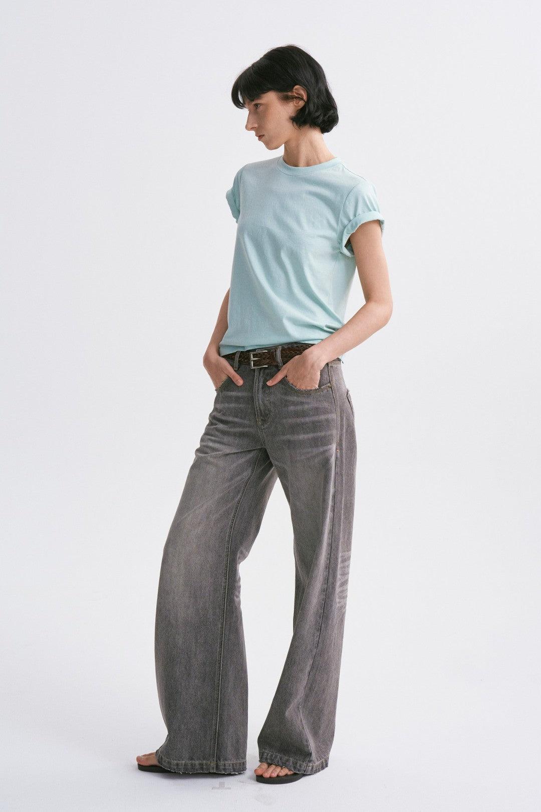 Linen-Cotton Rolled Sleeve T-Shirt, Slightly Loose Fit Light Green