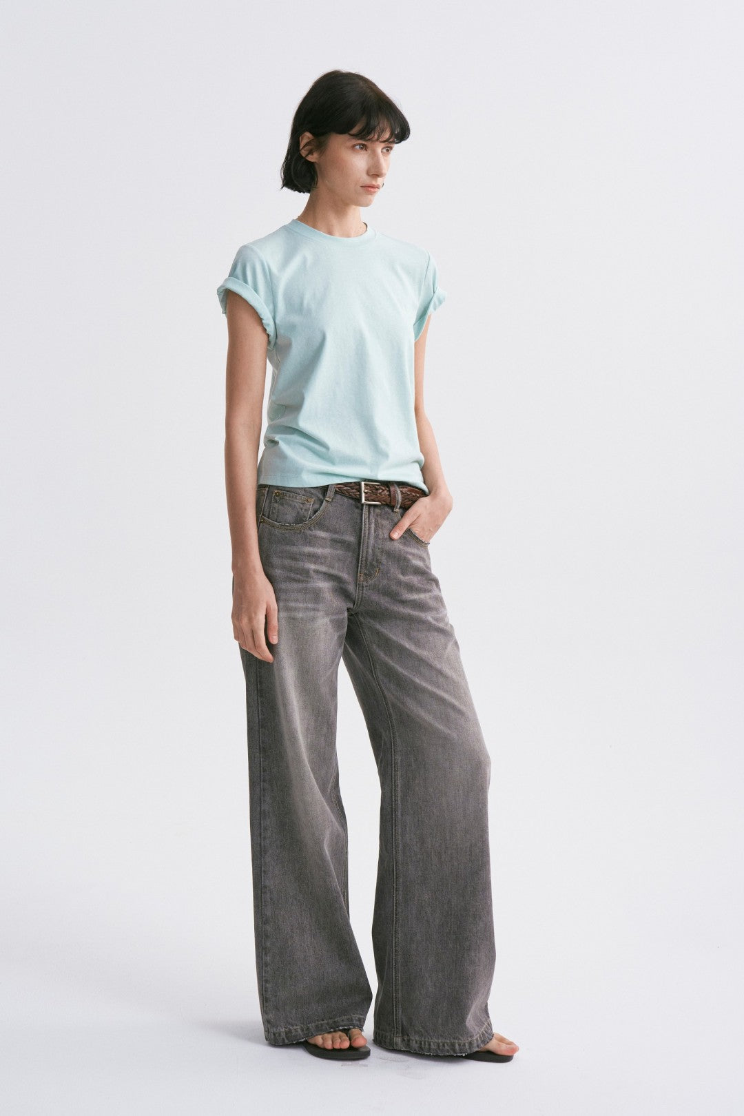 Linen-Cotton Rolled Sleeve T-Shirt, Slightly Loose Fit Light Green