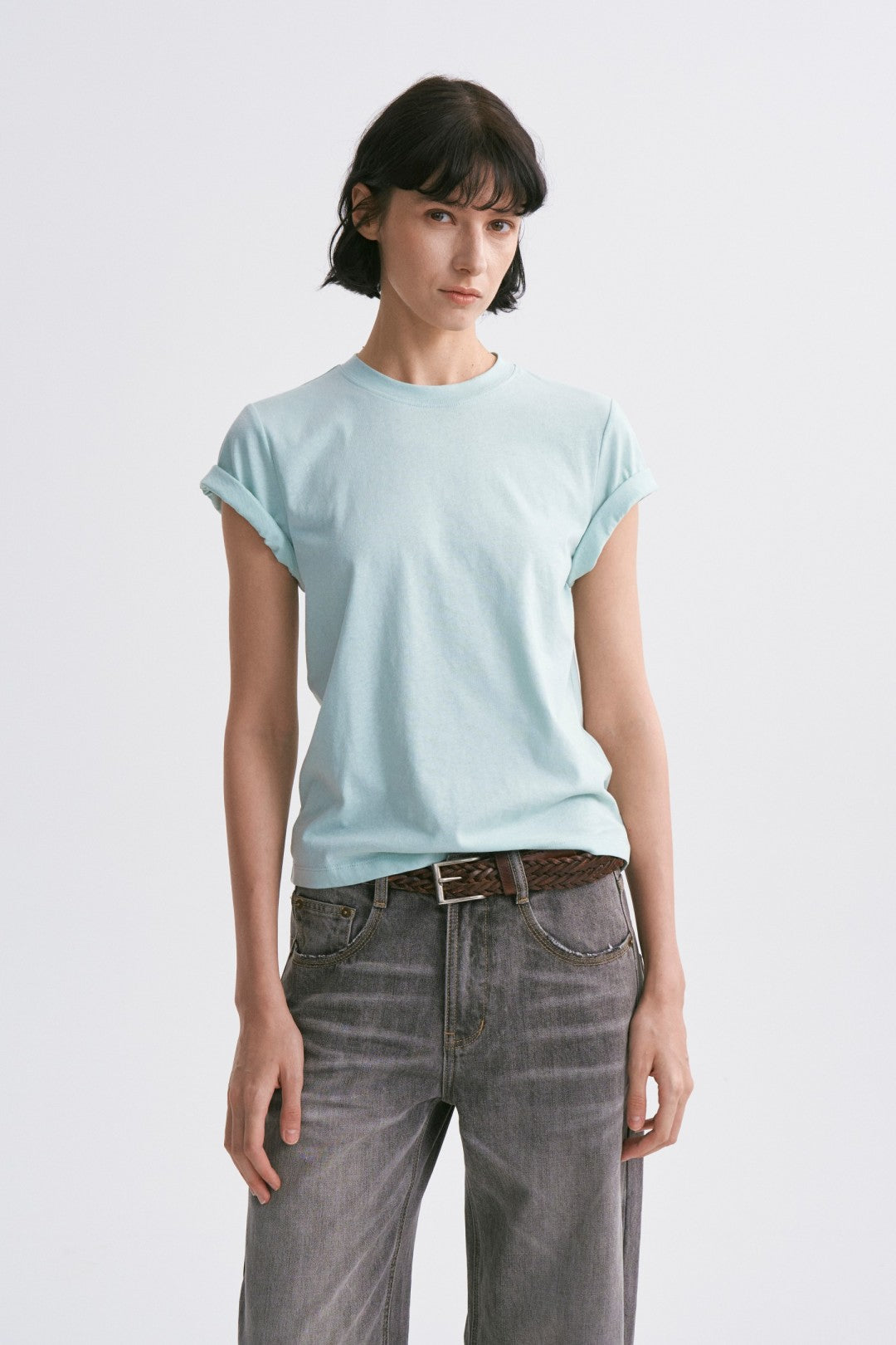Linen-Cotton Rolled Sleeve T-Shirt, Slightly Loose Fit Light Green