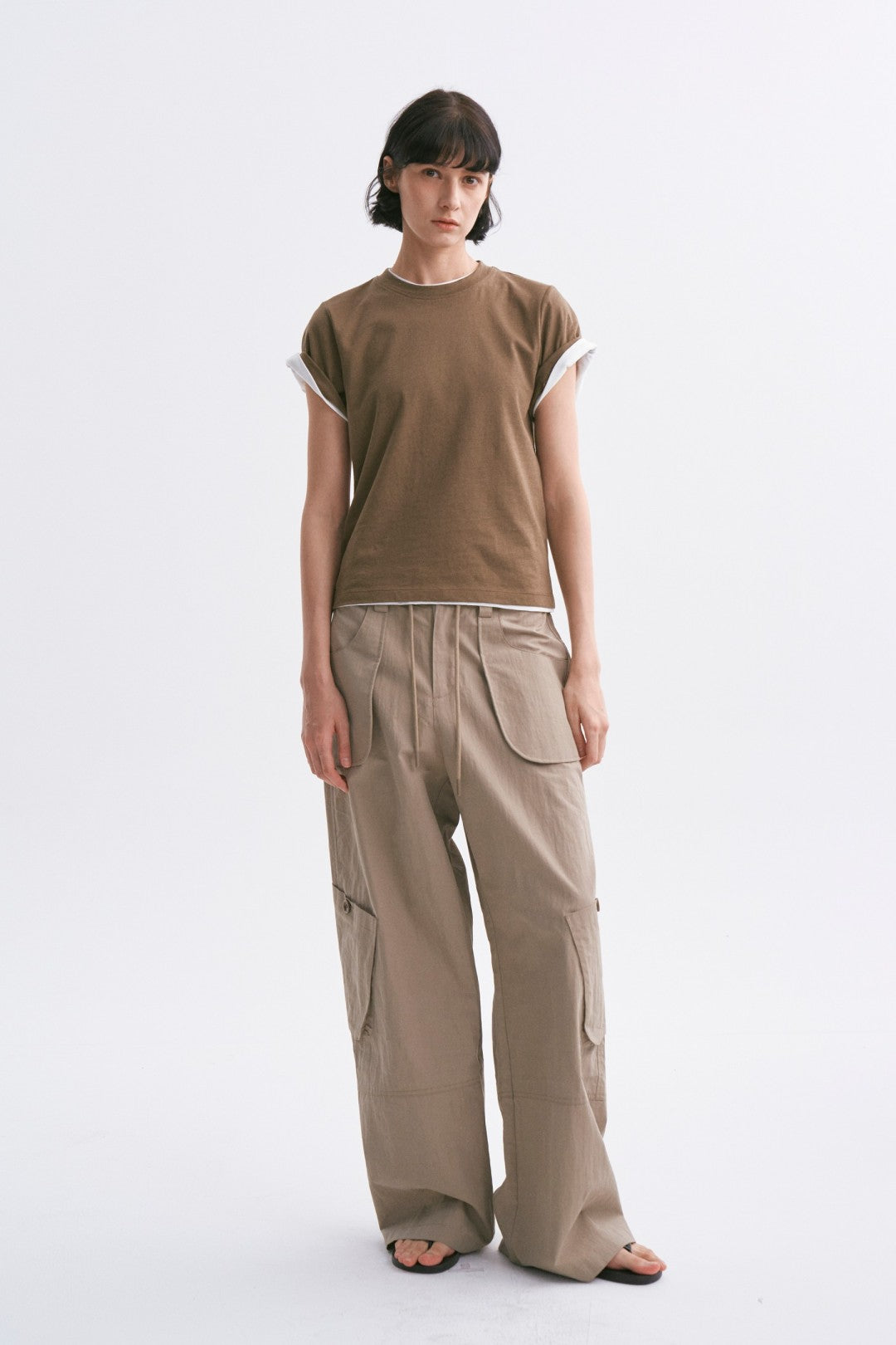 Linen-Cotton Rolled Sleeve T-Shirt, Slightly Loose Fit Army Green