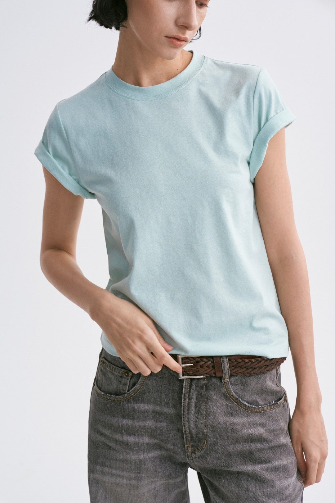 Linen-Cotton Rolled Sleeve T-Shirt, Slightly Loose Fit Light Green