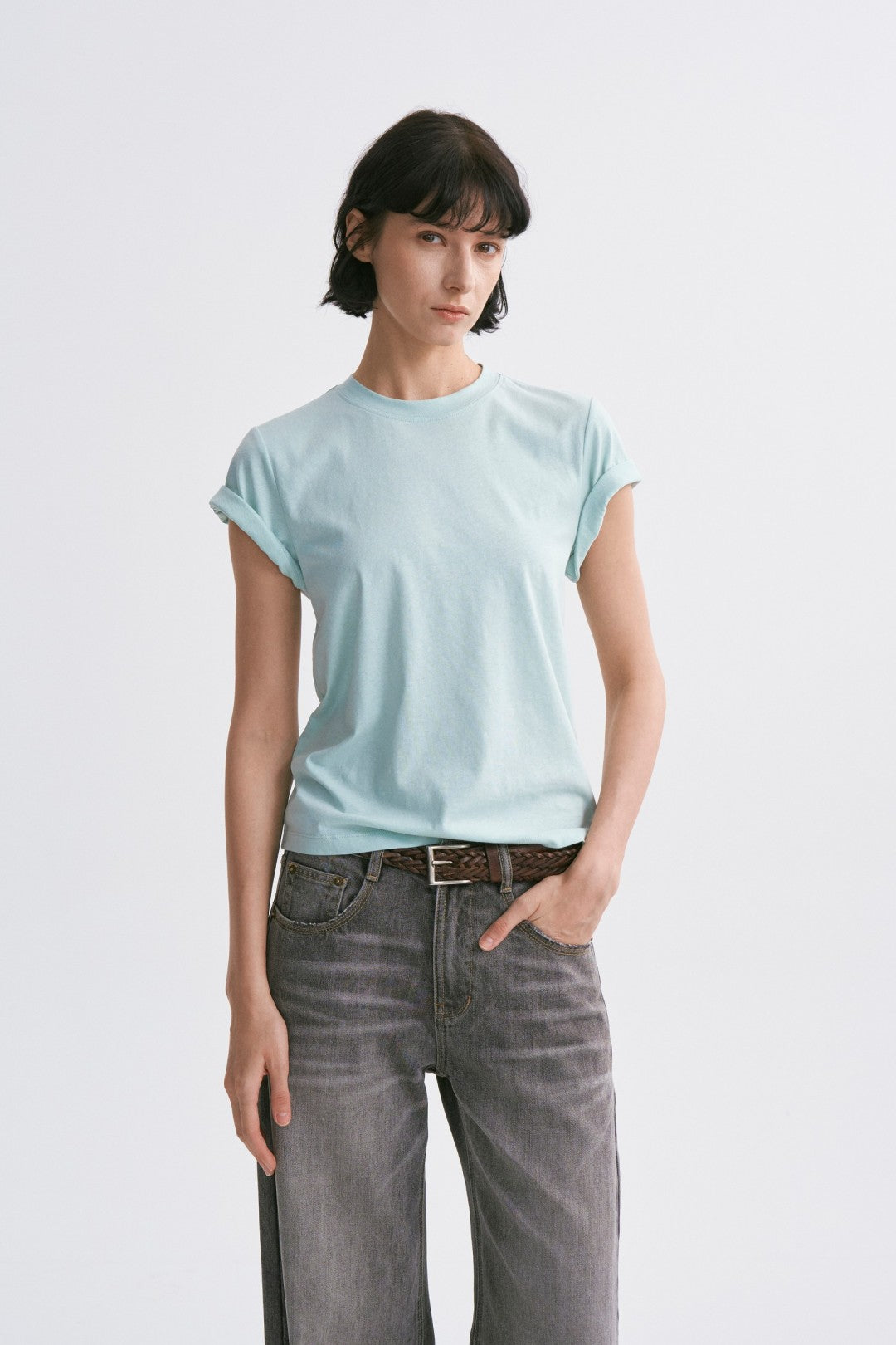 Linen-Cotton Rolled Sleeve T-Shirt, Slightly Loose Fit Light Green