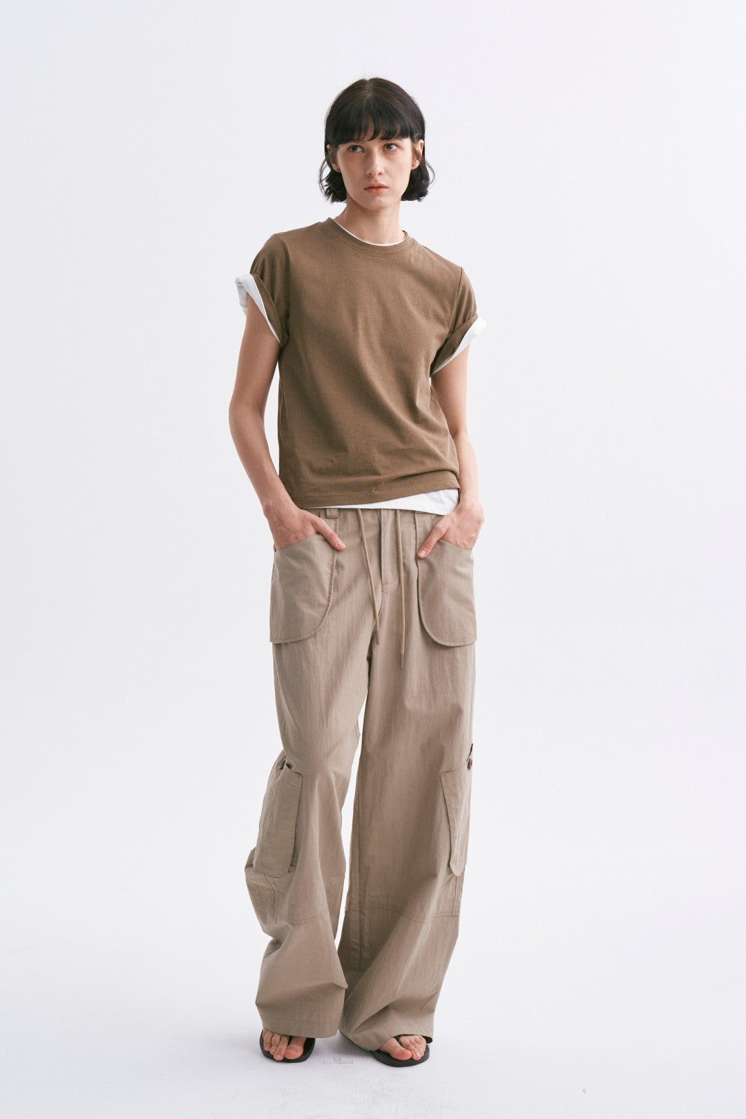Linen-Cotton Rolled Sleeve T-Shirt, Slightly Loose Fit Army Green