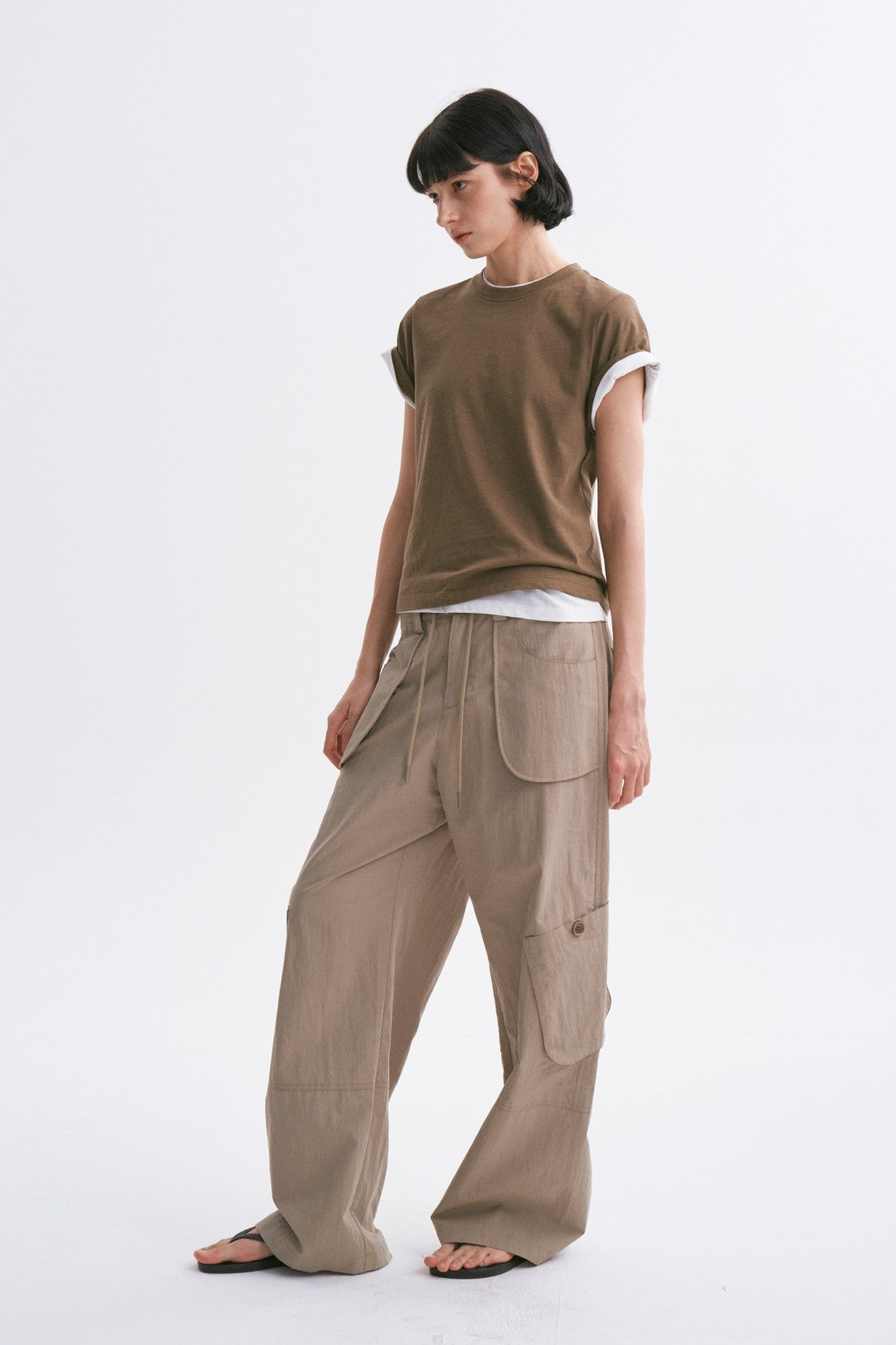 Linen-Cotton Rolled Sleeve T-Shirt, Slightly Loose Fit Army Green