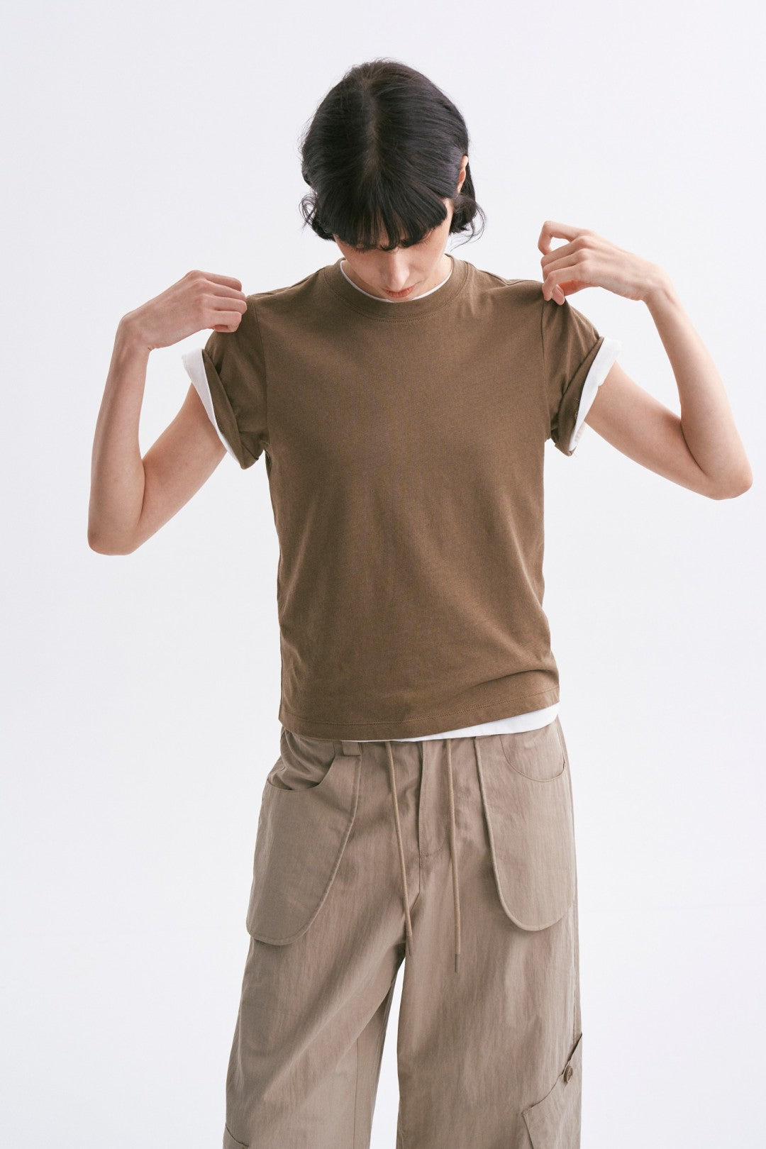 Linen-Cotton Rolled Sleeve T-Shirt, Slightly Loose Fit Army Green