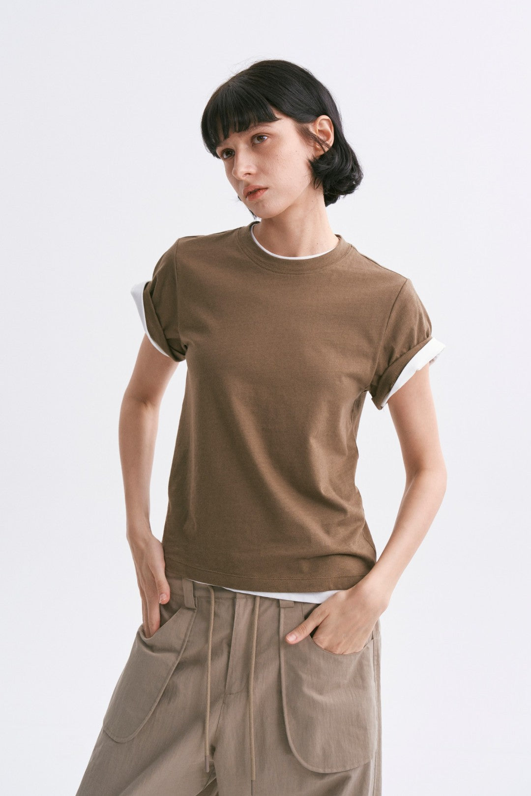Linen-Cotton Rolled Sleeve T-Shirt, Slightly Loose Fit Army Green