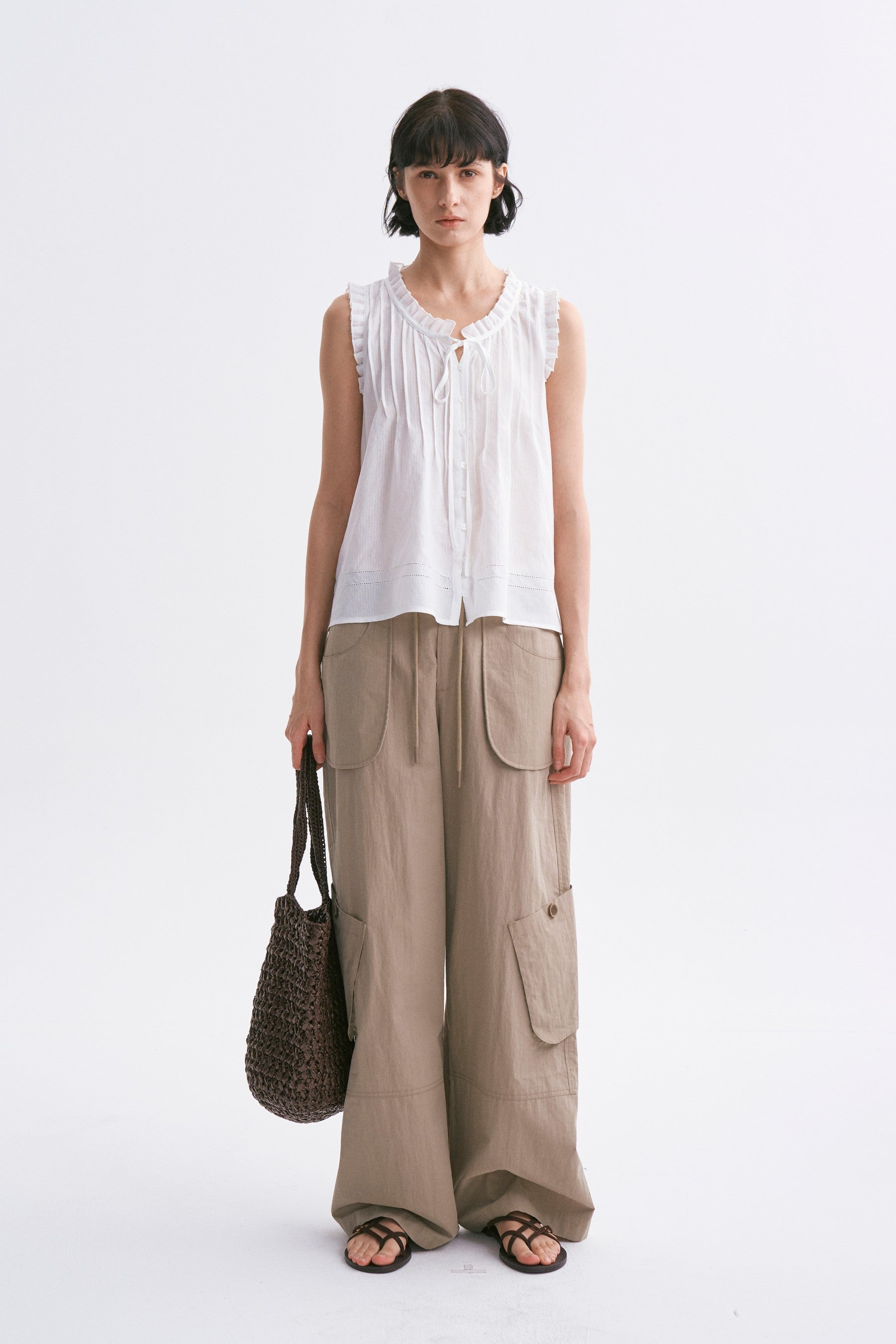 Mid-Rise Drawstring Cargo Pants with Pockets Khaki