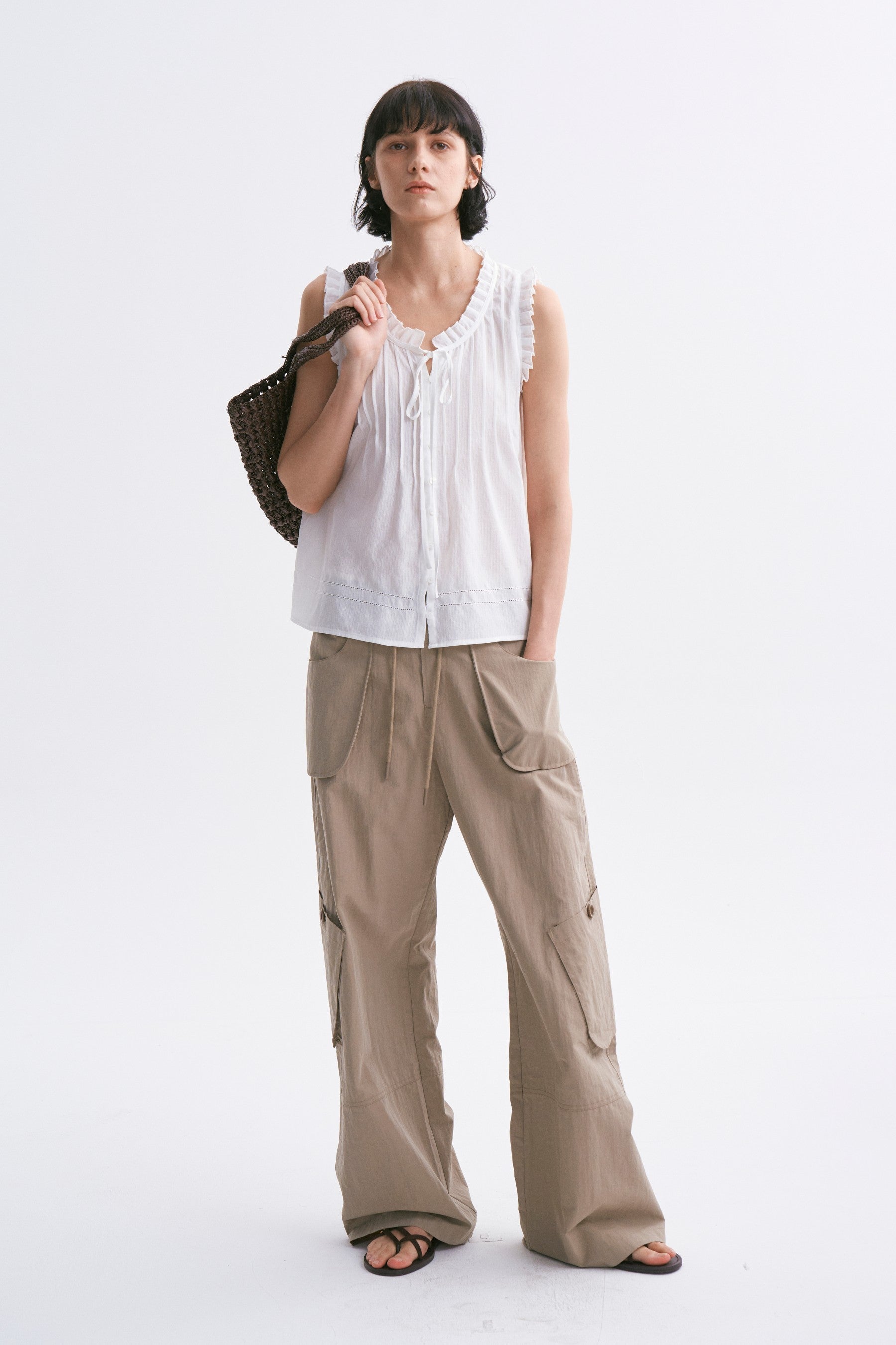 Mid-Rise Drawstring Cargo Pants with Pockets Khaki