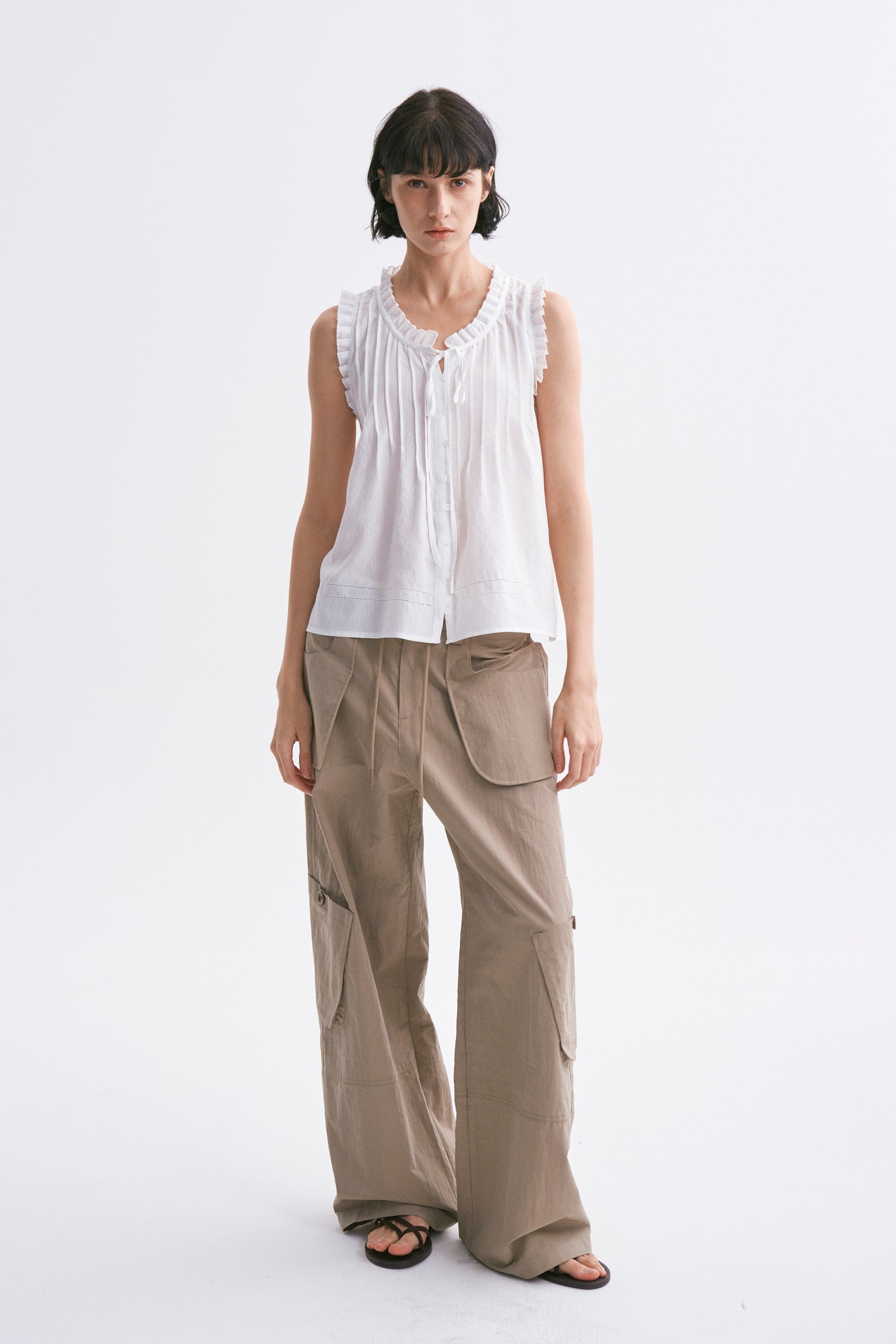 Mid-Rise Drawstring Cargo Pants with Pockets Khaki