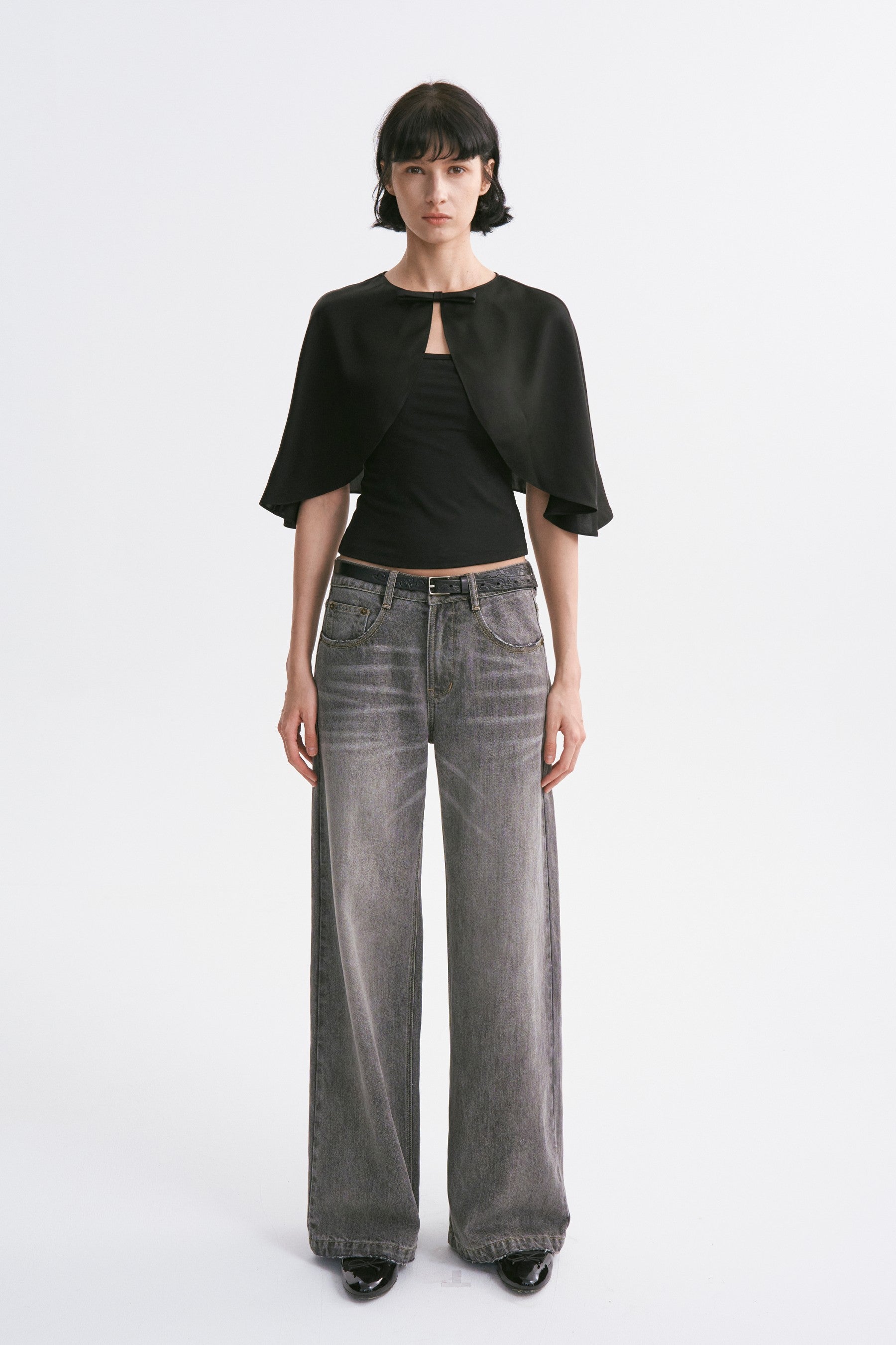 Satin Cropped Capelet Black