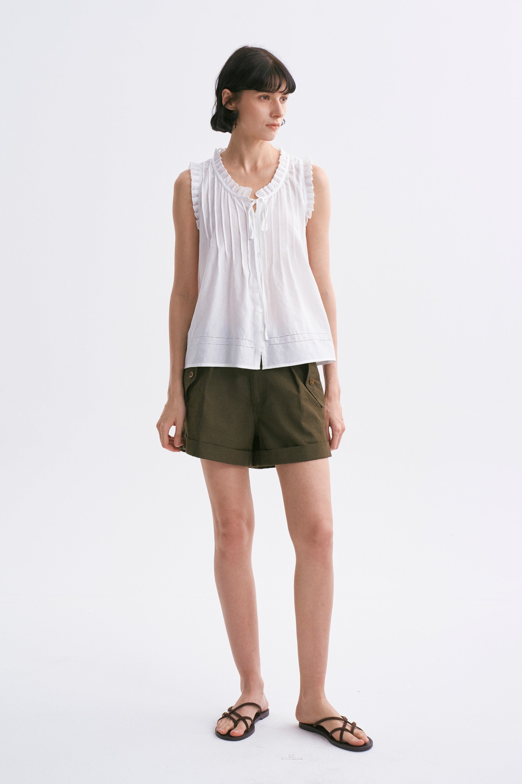 Lace-Trimmed Fine-Pleated Tie-Front Sleeveless Blouse White