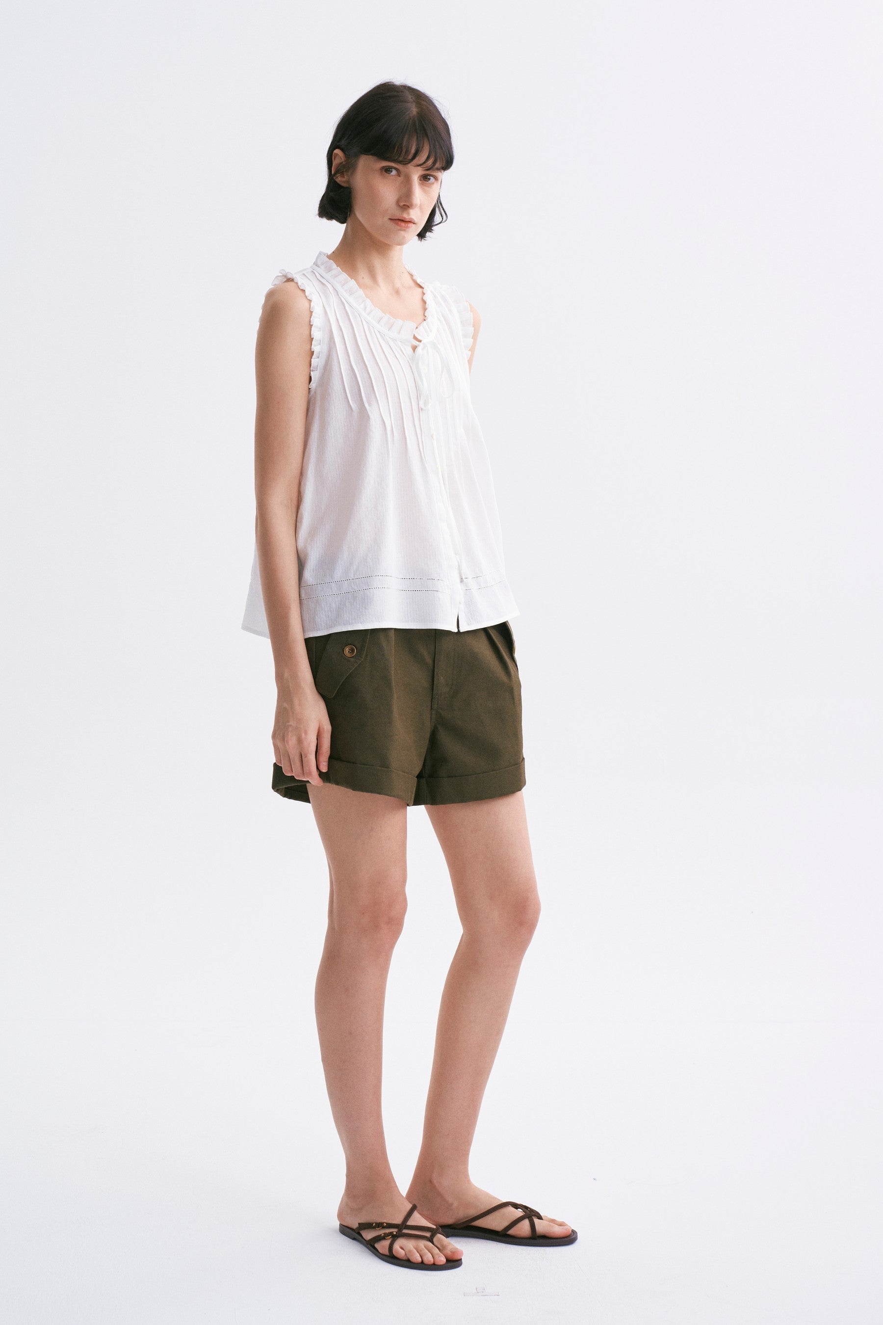 Lace-Trimmed Fine-Pleated Tie-Front Sleeveless Blouse White