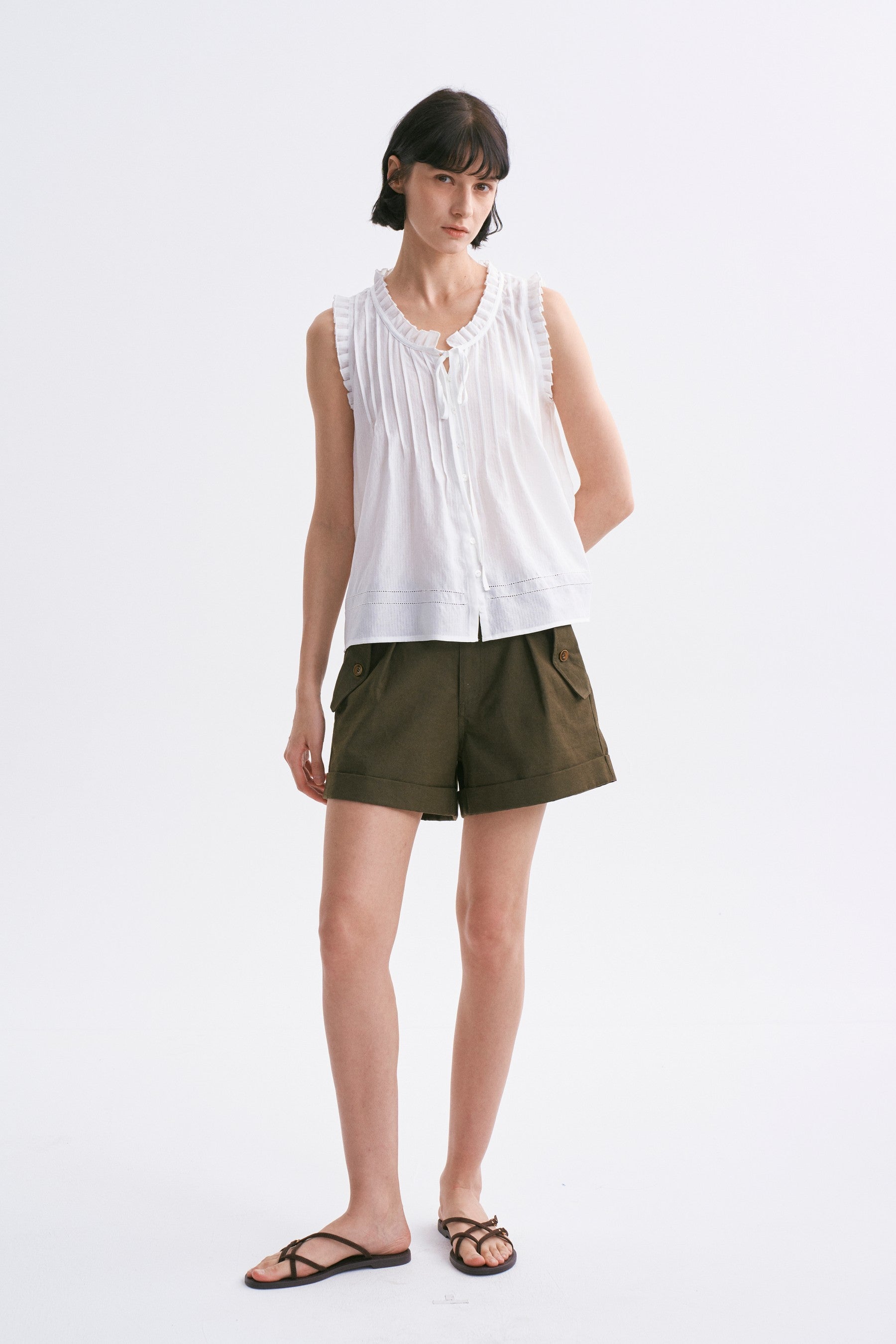 Lace-Trimmed Fine-Pleated Tie-Front Sleeveless Blouse White