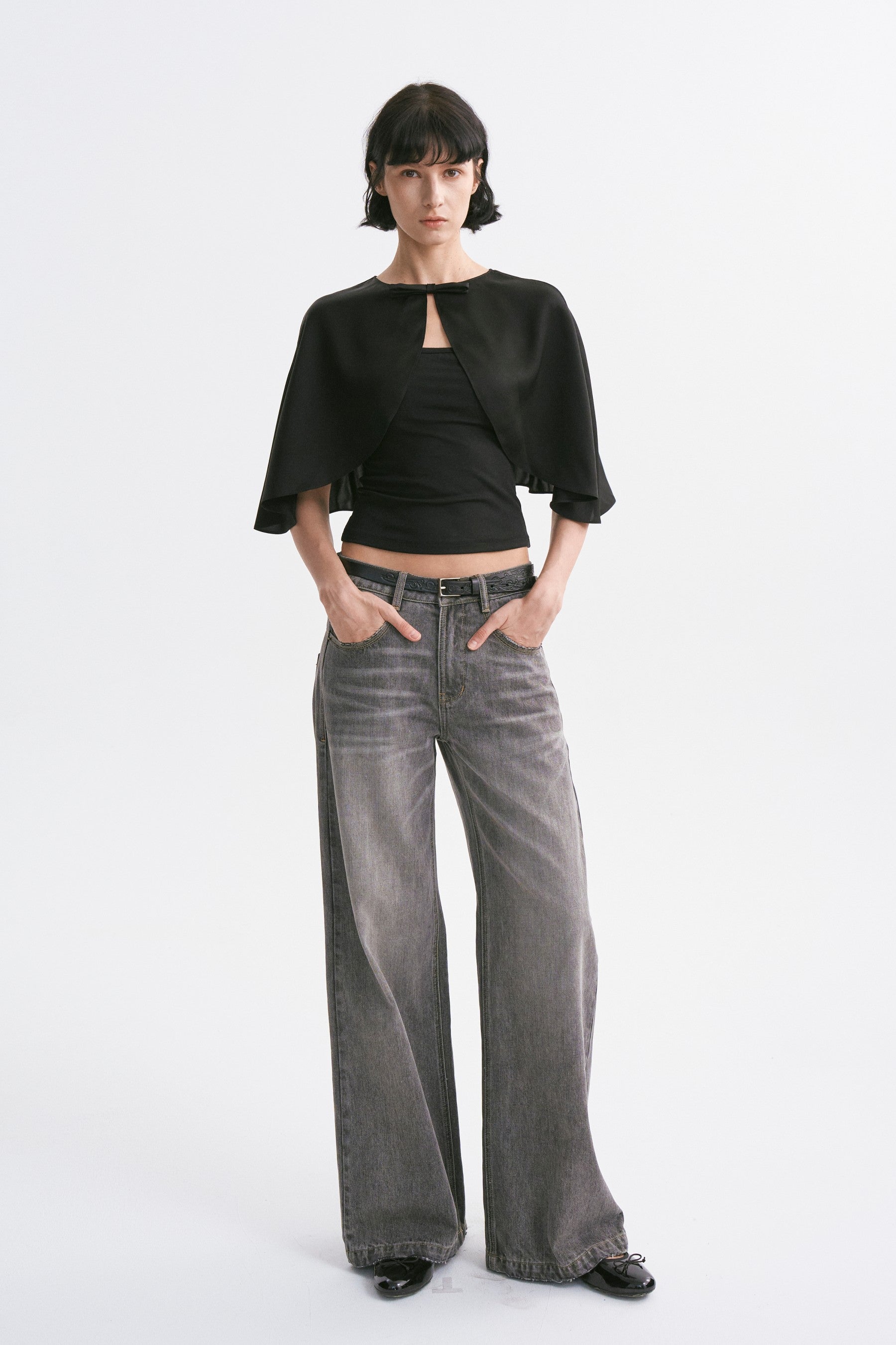 Satin Cropped Capelet Black
