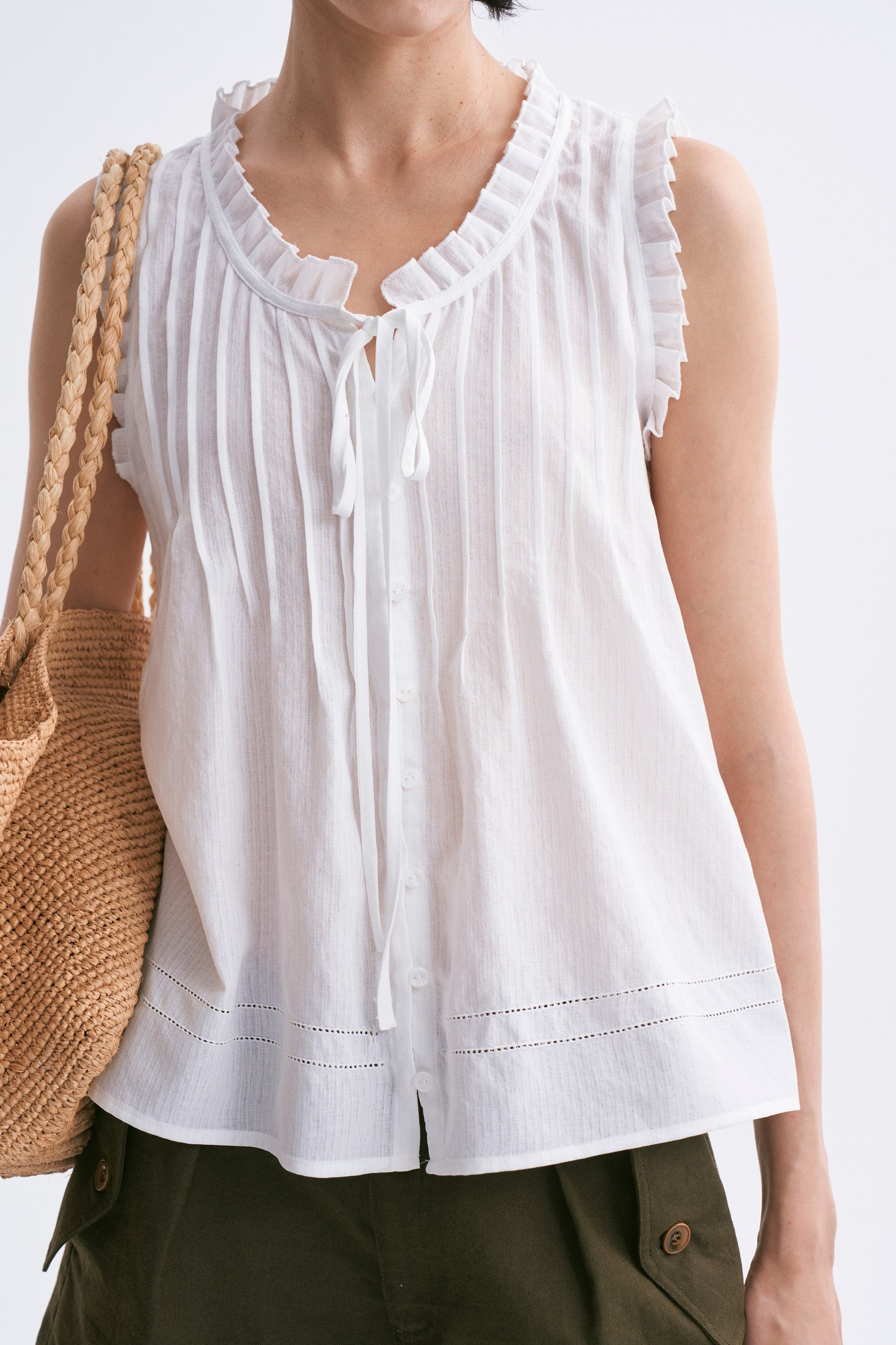 Lace-Trimmed Fine-Pleated Tie-Front Sleeveless Blouse White