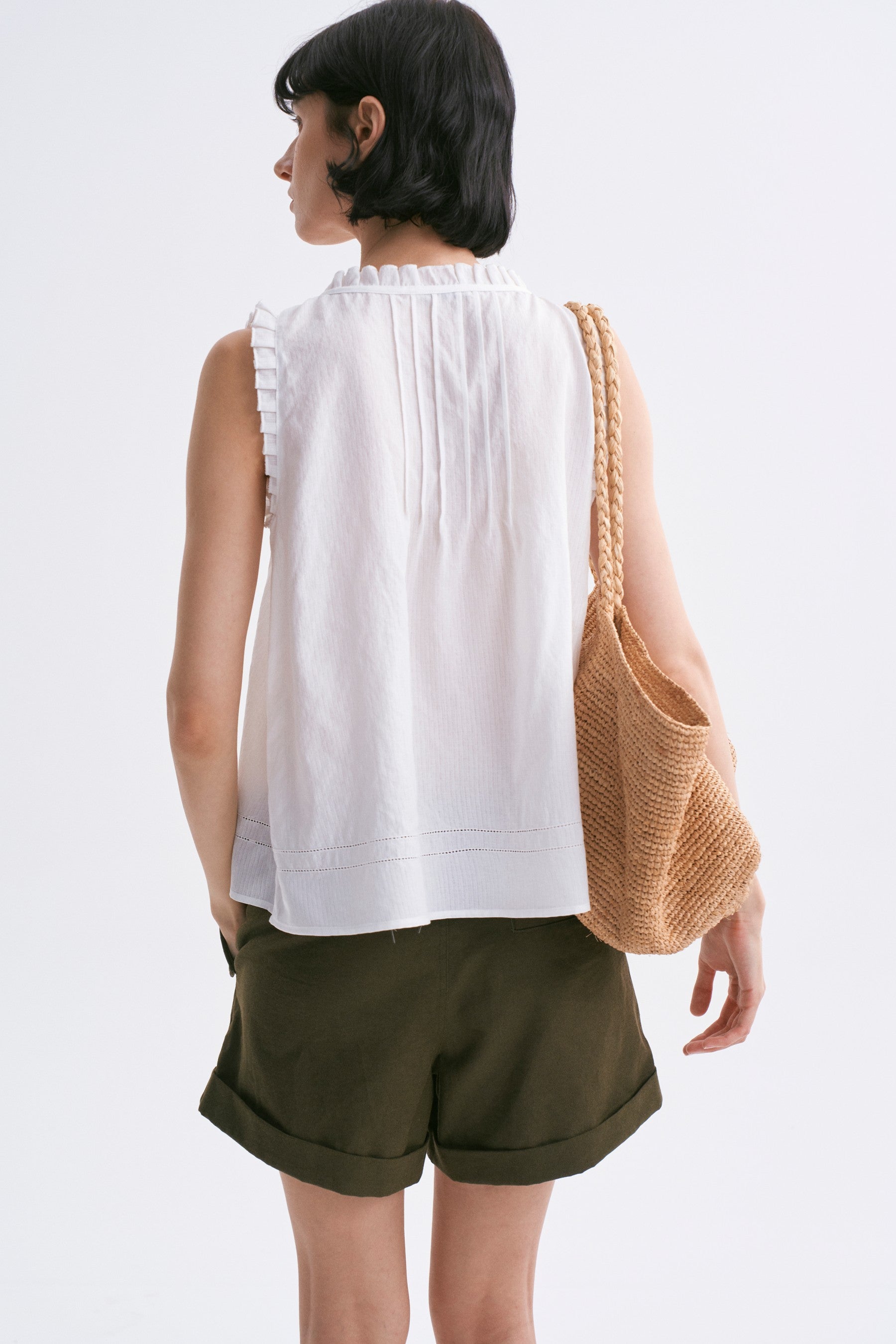 Lace-Trimmed Fine-Pleated Tie-Front Sleeveless Blouse White