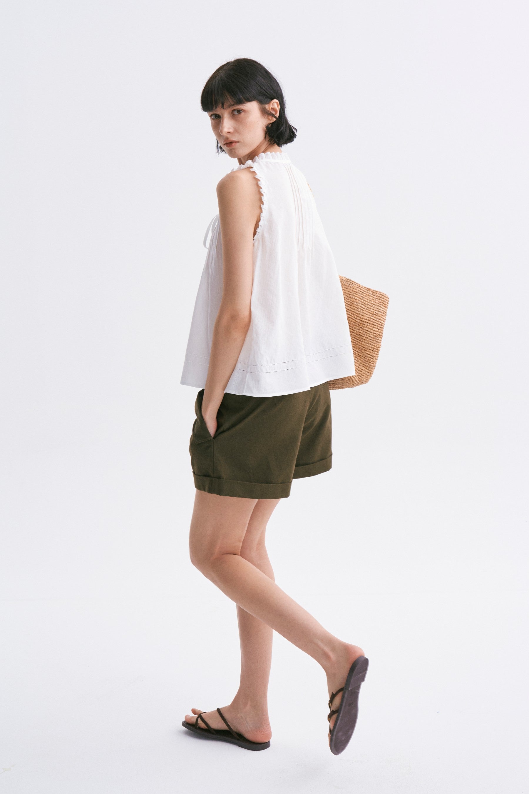 Lace-Trimmed Fine-Pleated Tie-Front Sleeveless Blouse White