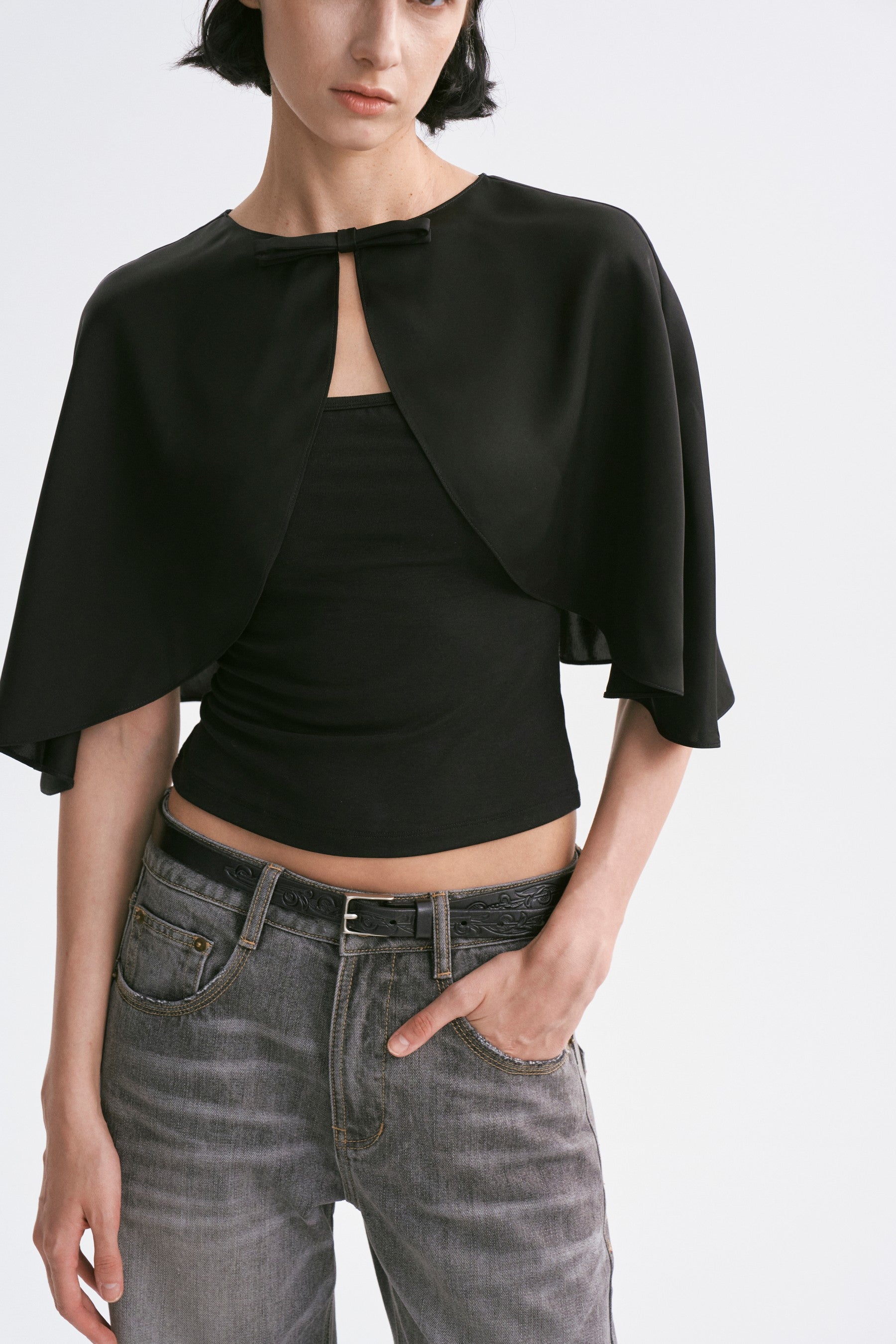 Satin Cropped Capelet Black