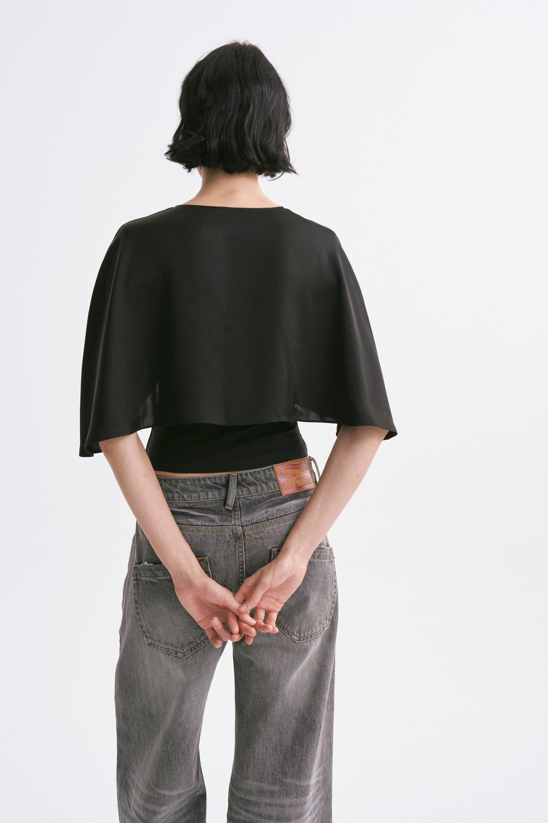 Satin Cropped Capelet Black