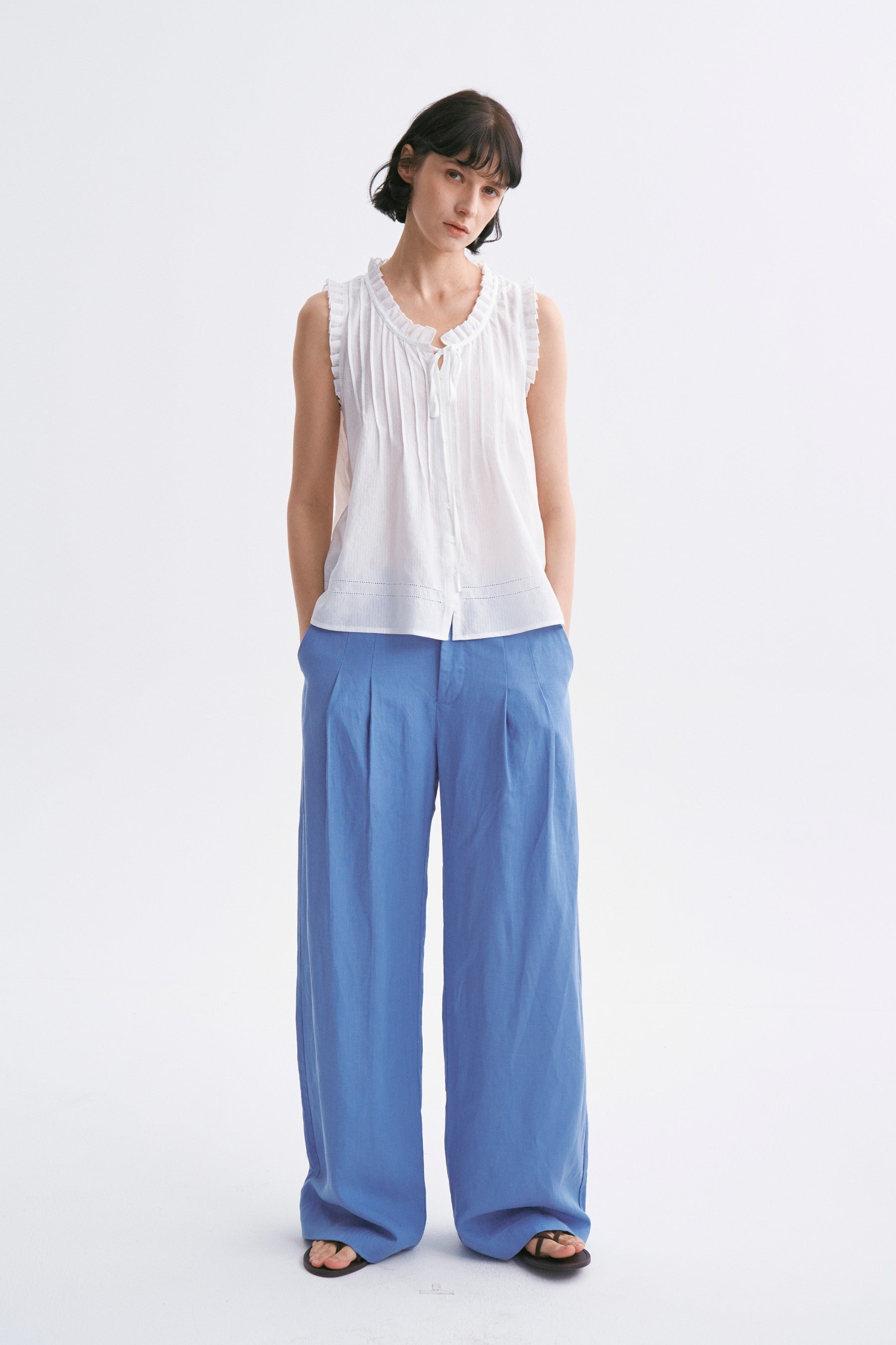 Lace-Trimmed Fine-Pleated Tie-Front Sleeveless Blouse White