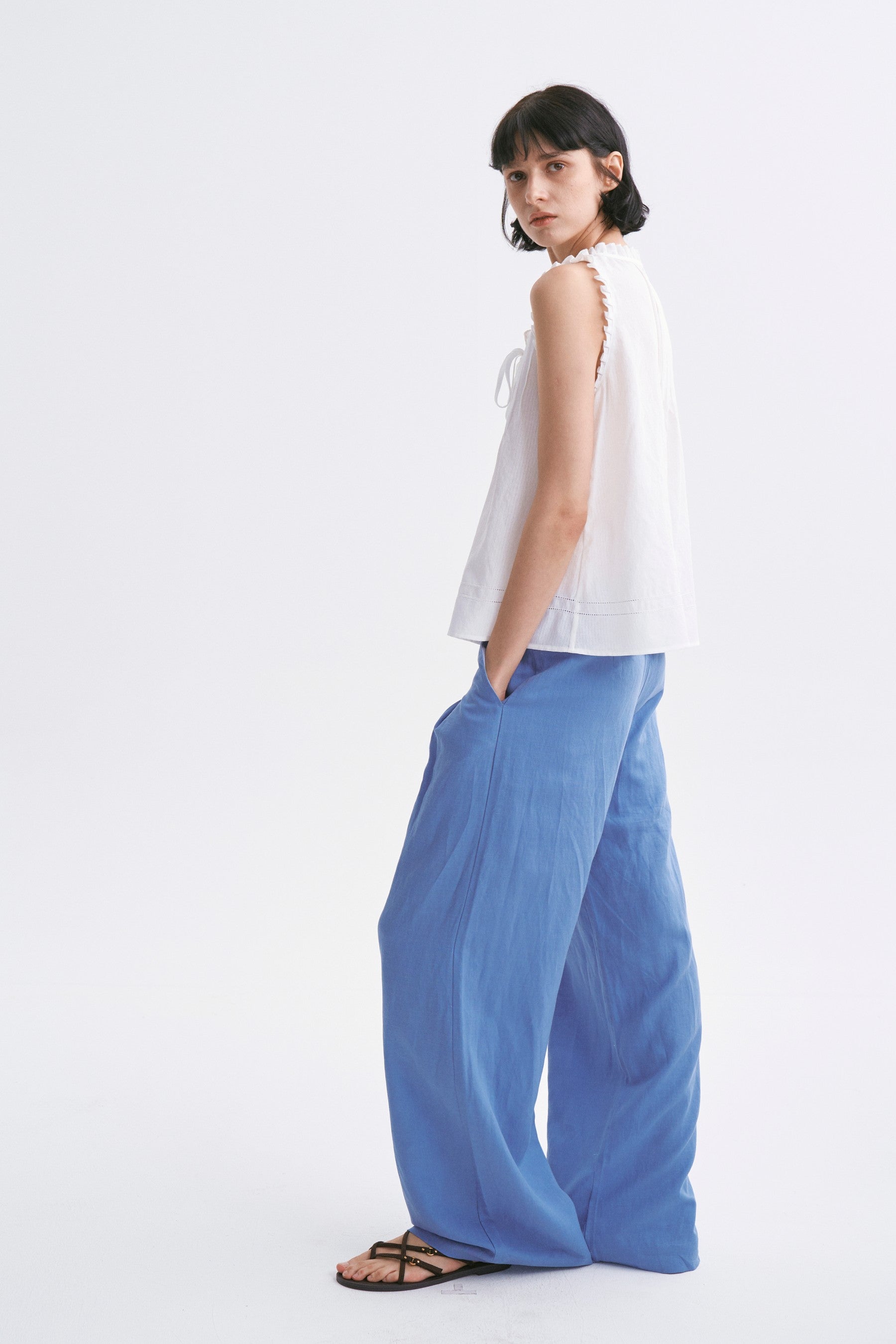 Mid-rise Linen Casual Pants Greyish Blue