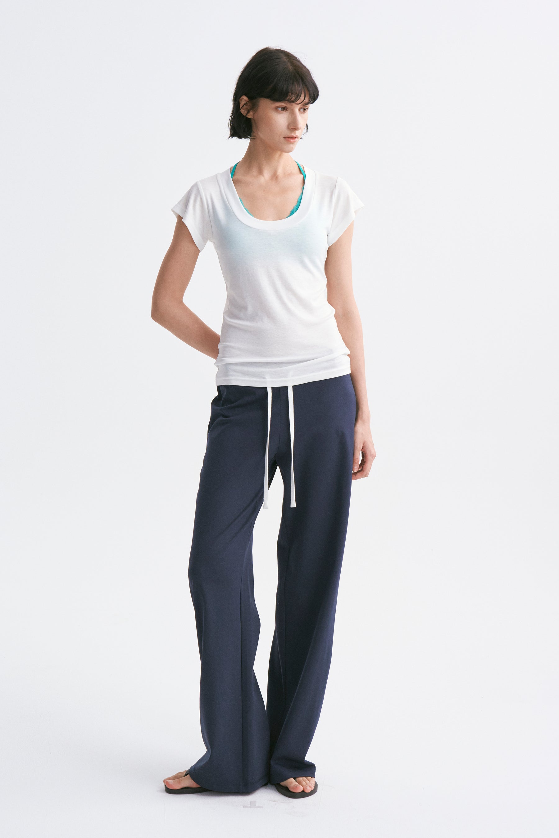 Deep U-Neck Loose Dolman Sleeve T-Shirt White