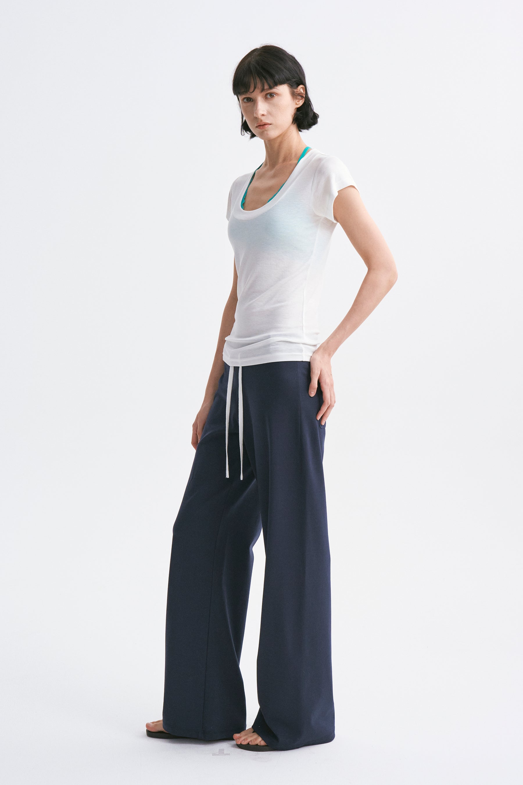 Deep U-Neck Loose Dolman Sleeve T-Shirt White