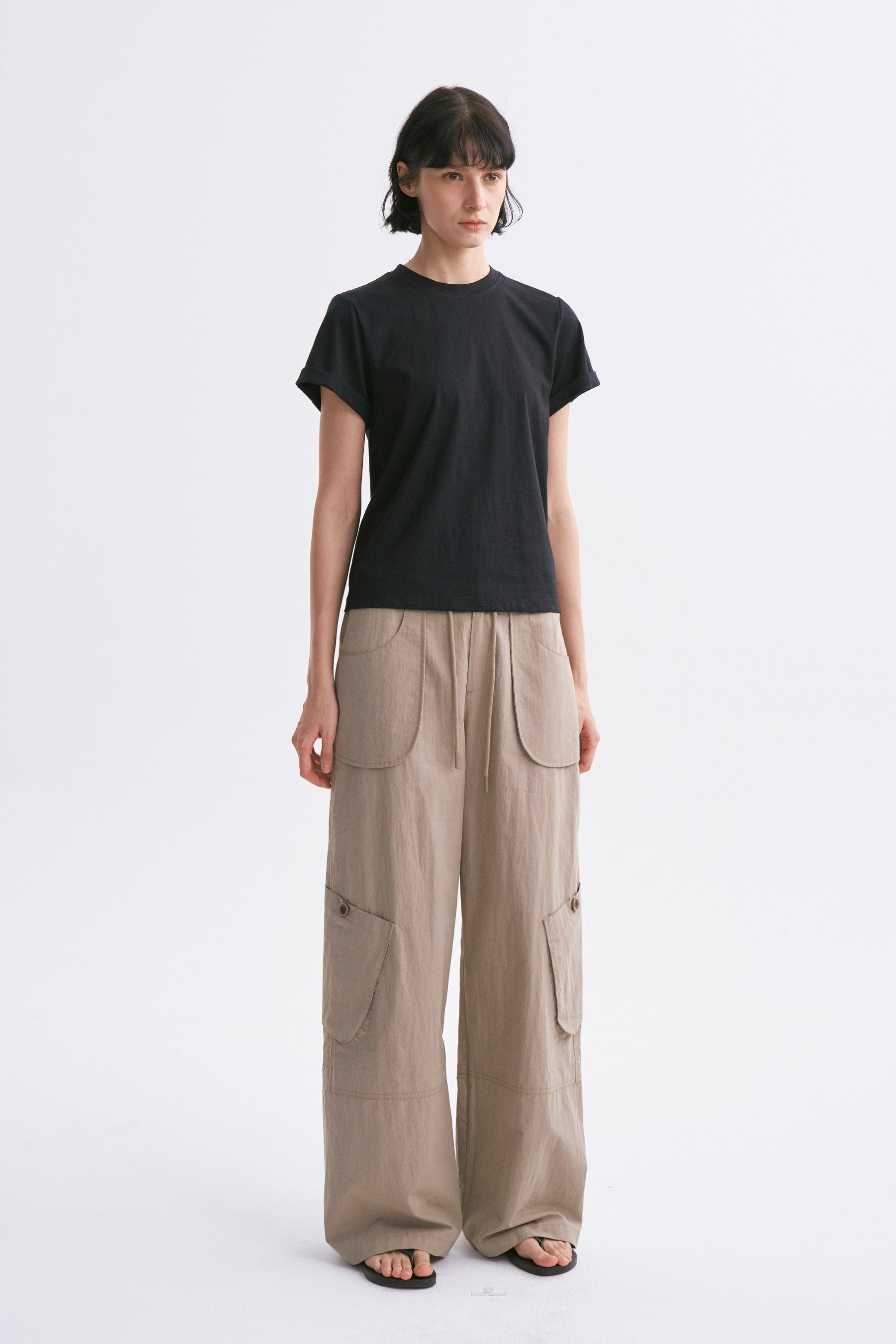 Mid-Rise Drawstring Cargo Pants with Pockets Khaki
