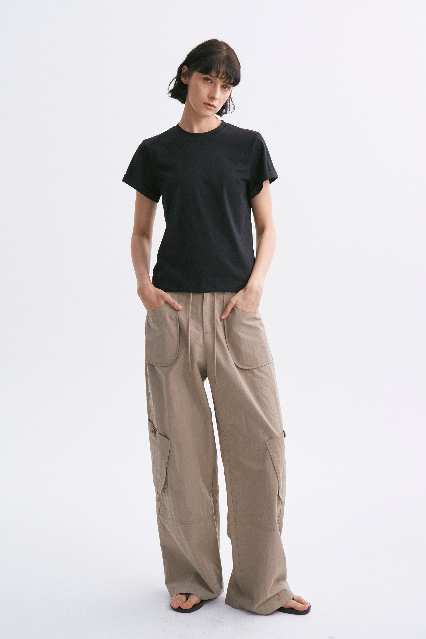 Mid-Rise Drawstring Cargo Pants with Pockets Khaki