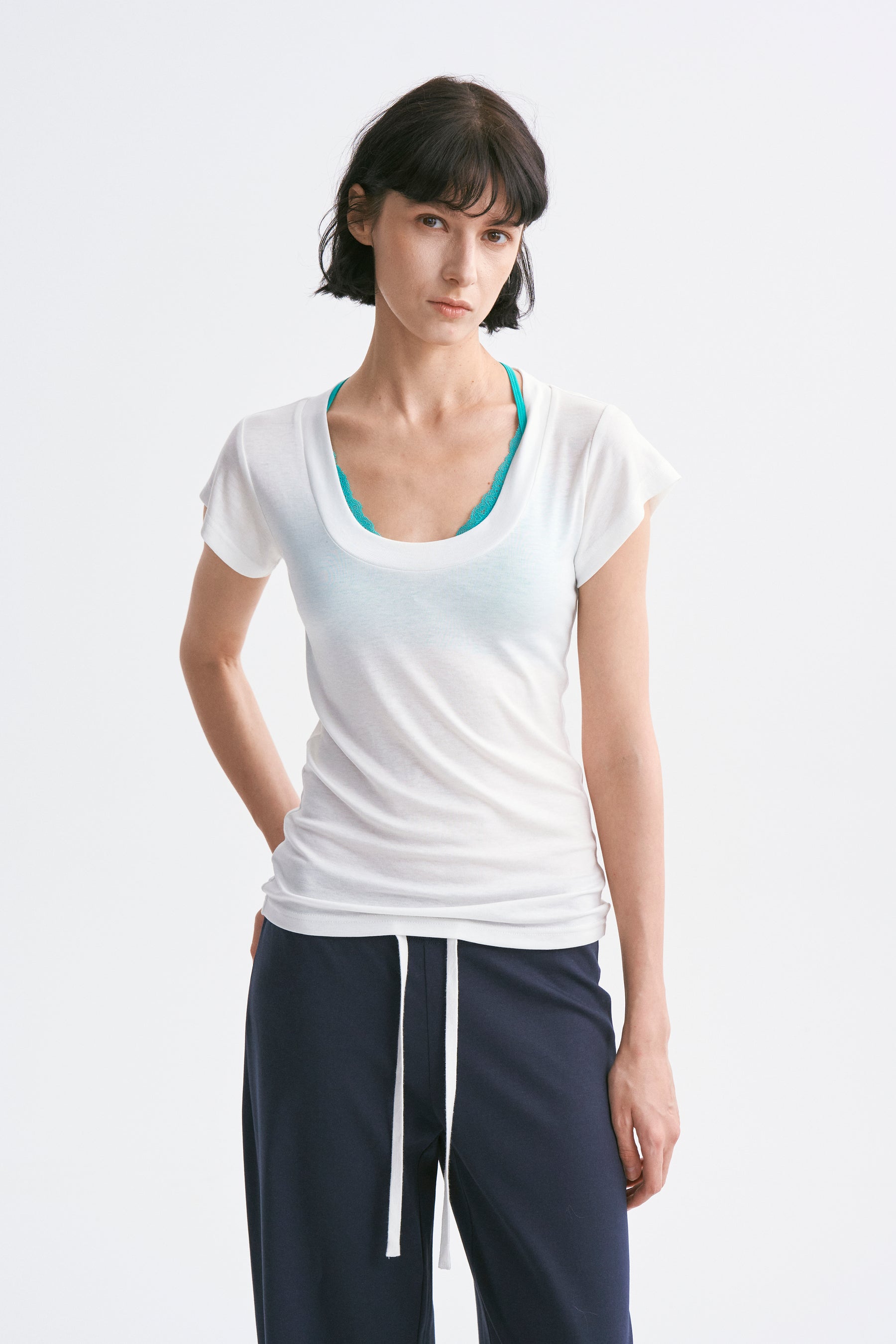 Deep U-Neck Loose Dolman Sleeve T-Shirt White