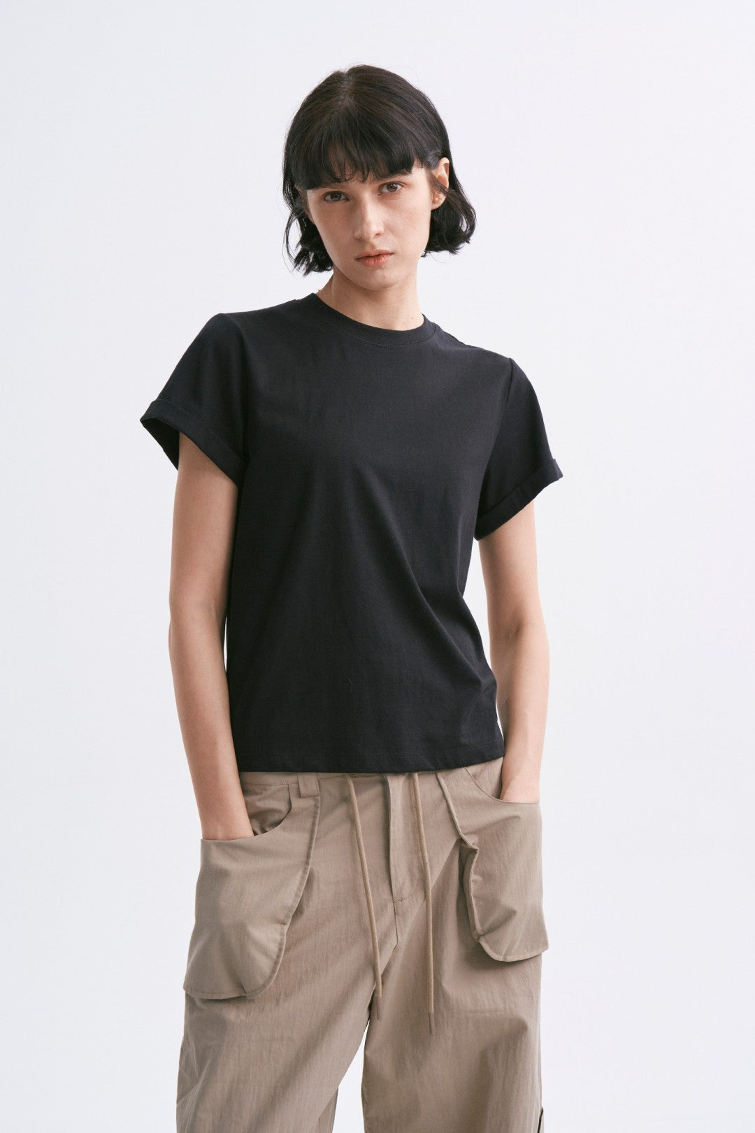 Linen-Cotton Rolled Sleeve T-Shirt, Slightly Loose Fit Black