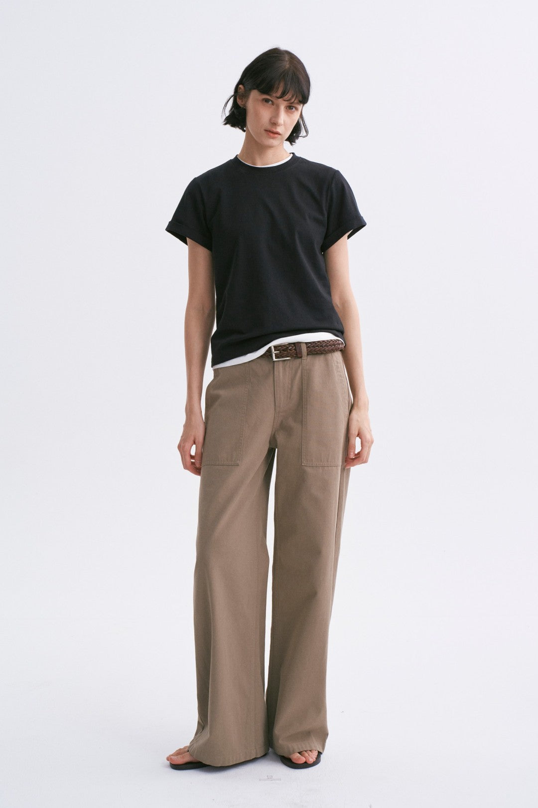 Linen-Cotton Rolled Sleeve T-Shirt, Slightly Loose Fit Black