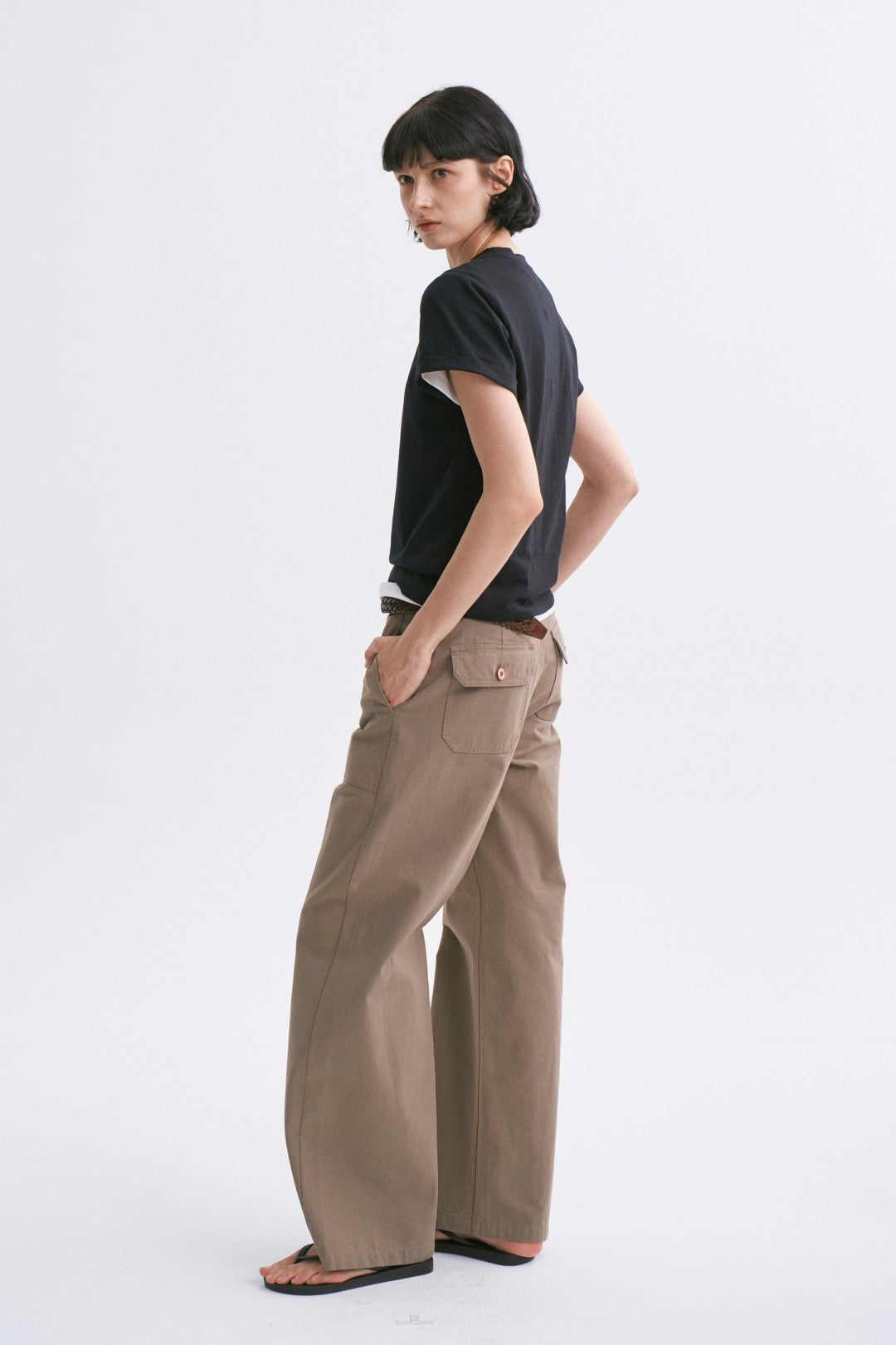 Linen-Cotton Rolled Sleeve T-Shirt, Slightly Loose Fit Black