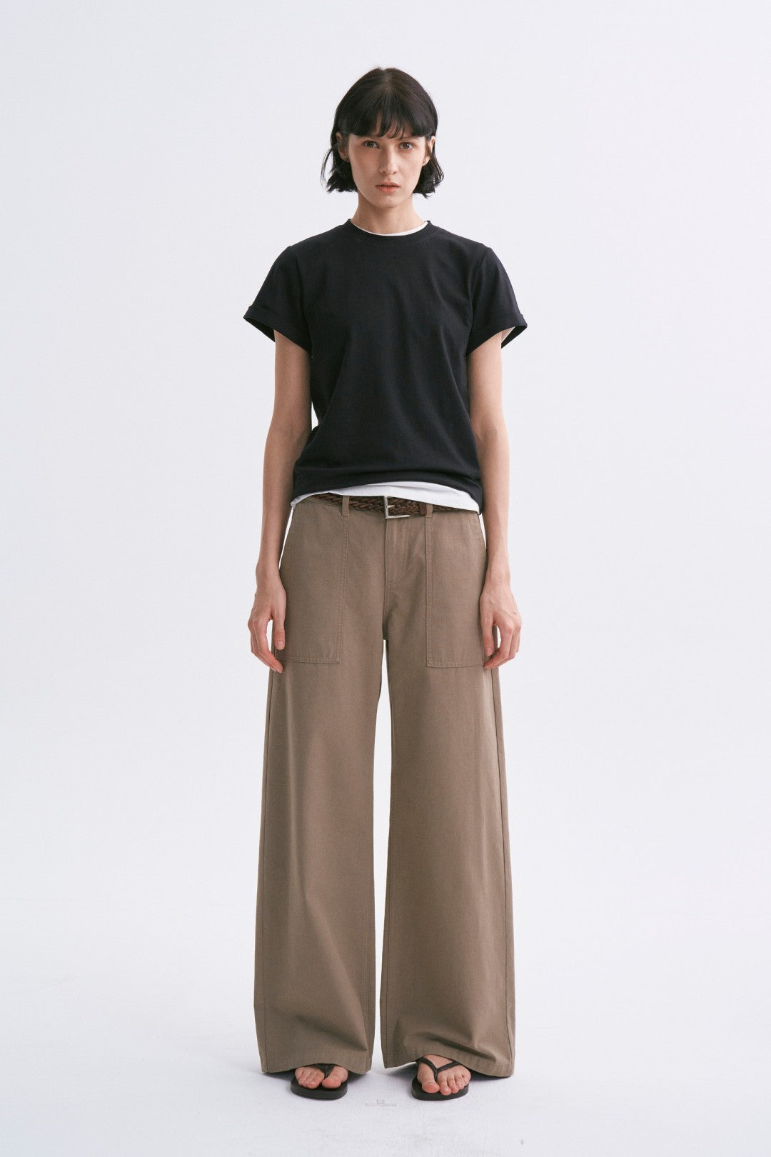 Linen-Cotton Rolled Sleeve T-Shirt, Slightly Loose Fit Black