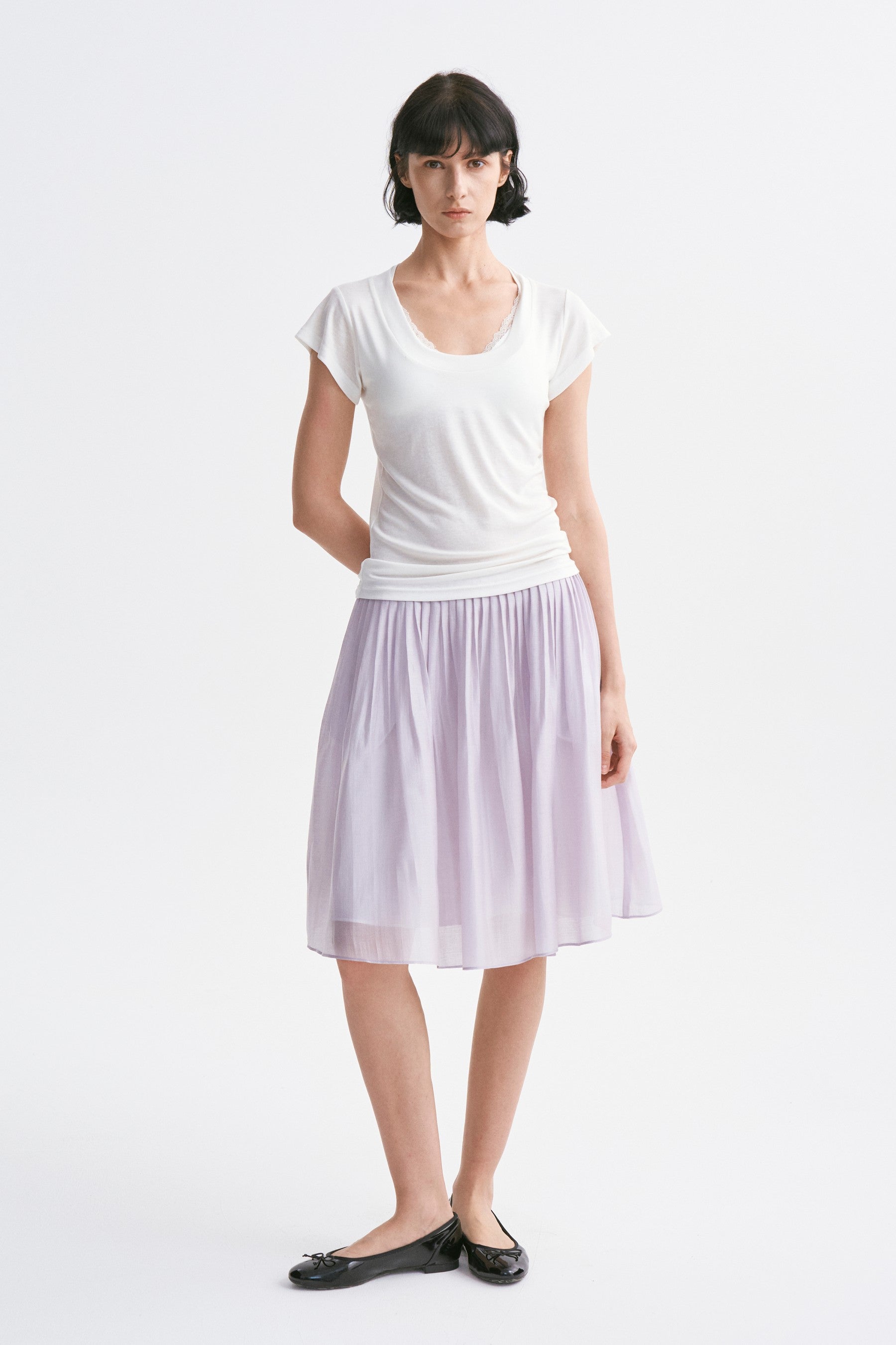 Classic Intricate Mid-rise Sheer Chiffon Pleated A-line Skirt Purple