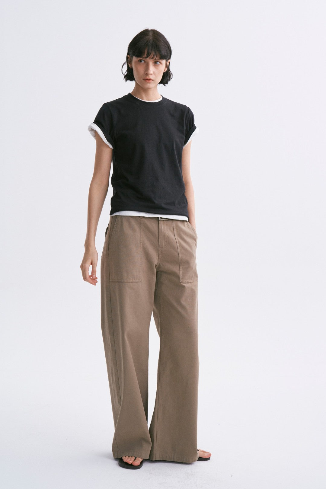 Linen-Cotton Rolled Sleeve T-Shirt, Slightly Loose Fit Black