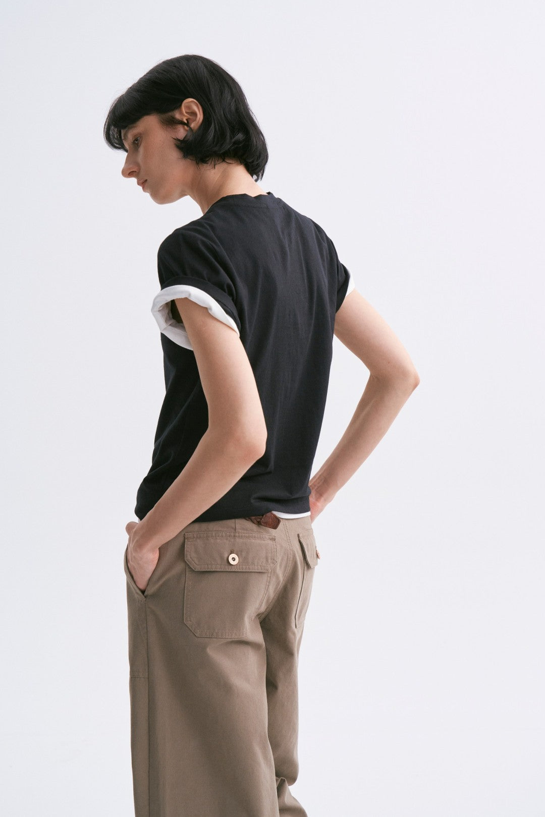 Linen-Cotton Rolled Sleeve T-Shirt, Slightly Loose Fit Black